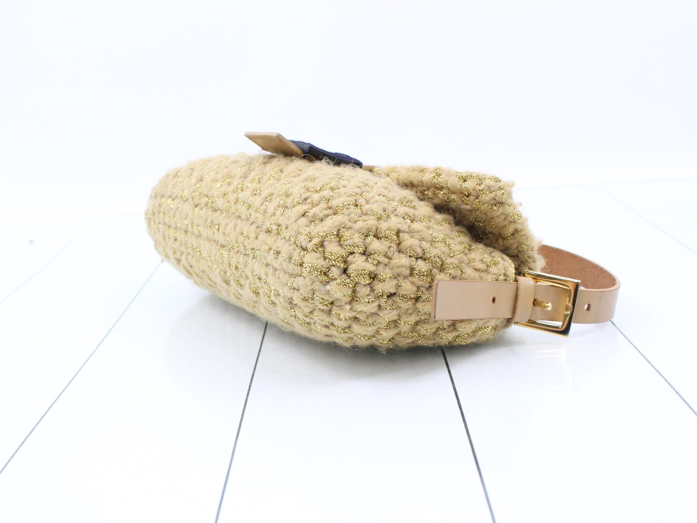 Baguette shoulder bag, knit, glitter, beige, calfskin, gold, wool — view 6