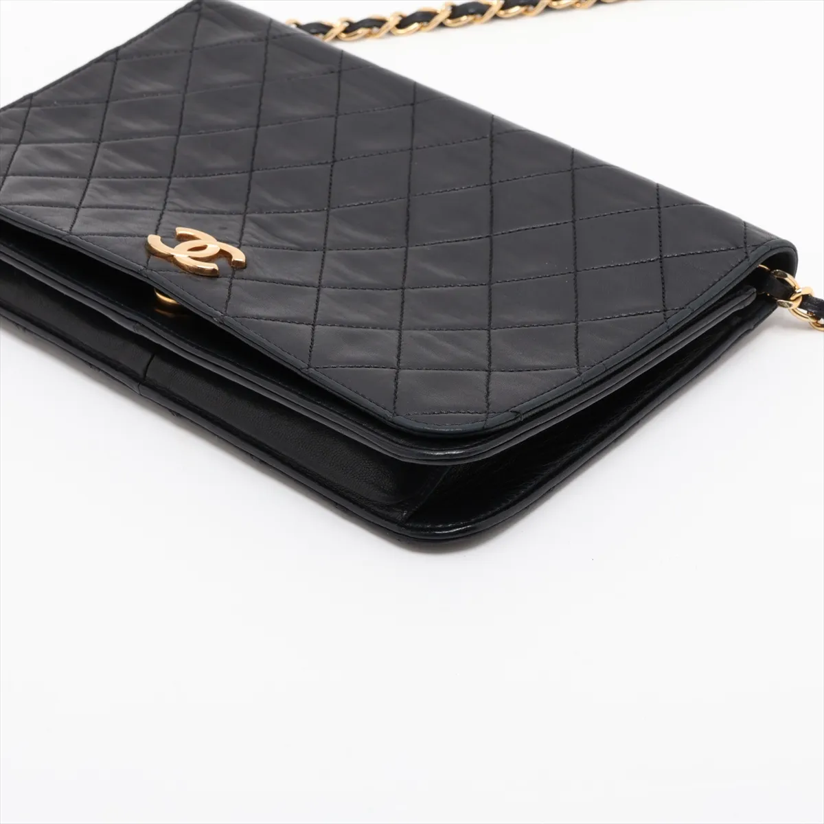 Matelassé Lambskin Chain Shoulder Bag, Push-Lock, Black with Gold Hardware — view 3