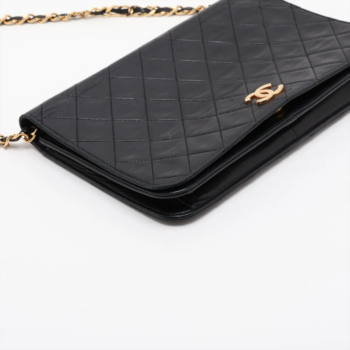 Matelassé Lambskin Chain Shoulder Bag, Push-Lock, Black with Gold Hardware — view 4