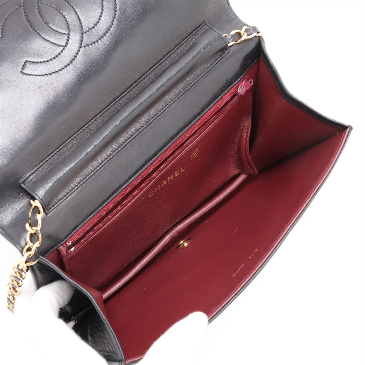 Matelassé Lambskin Chain Shoulder Bag, Push-Lock, Black with Gold Hardware — view 6