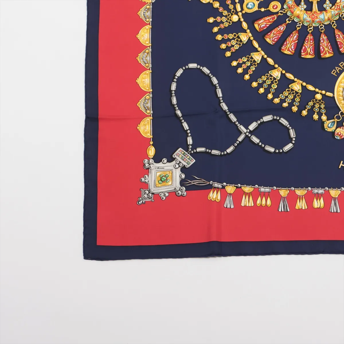 Carre 90 Parures des Sables (Desert Accessories) Scarf, Silk, Navy. Shows signs of wear, — view 5