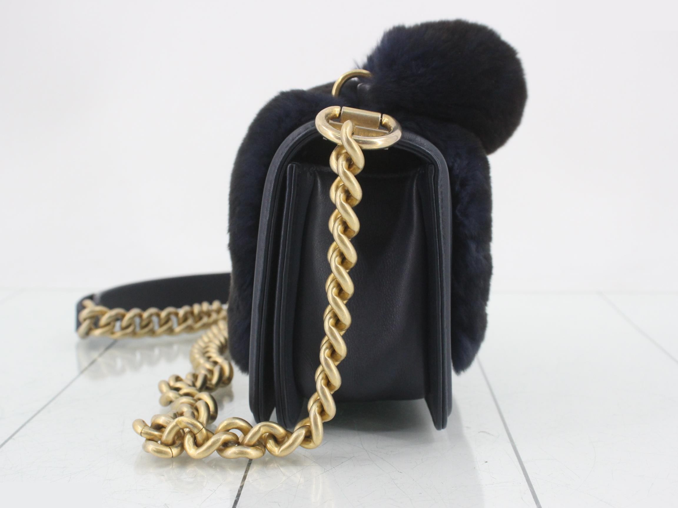 Boy Chanel Fur 2-Way Handbag/Chain Shoulder Bag, Navy — view 3