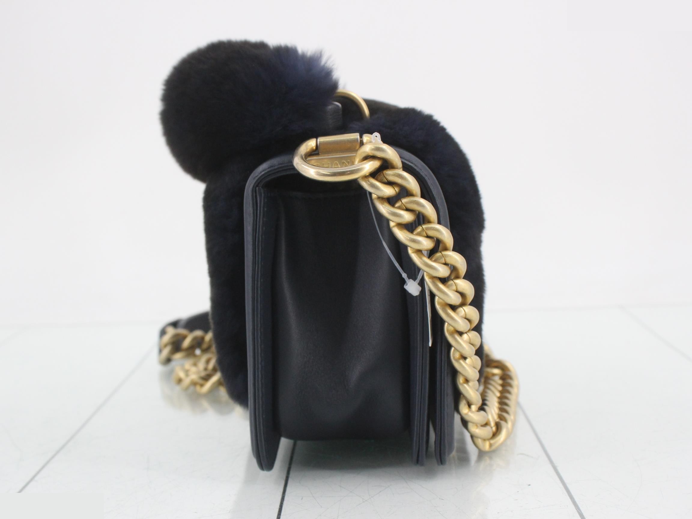 Boy Chanel Fur 2-Way Handbag/Chain Shoulder Bag, Navy — view 4