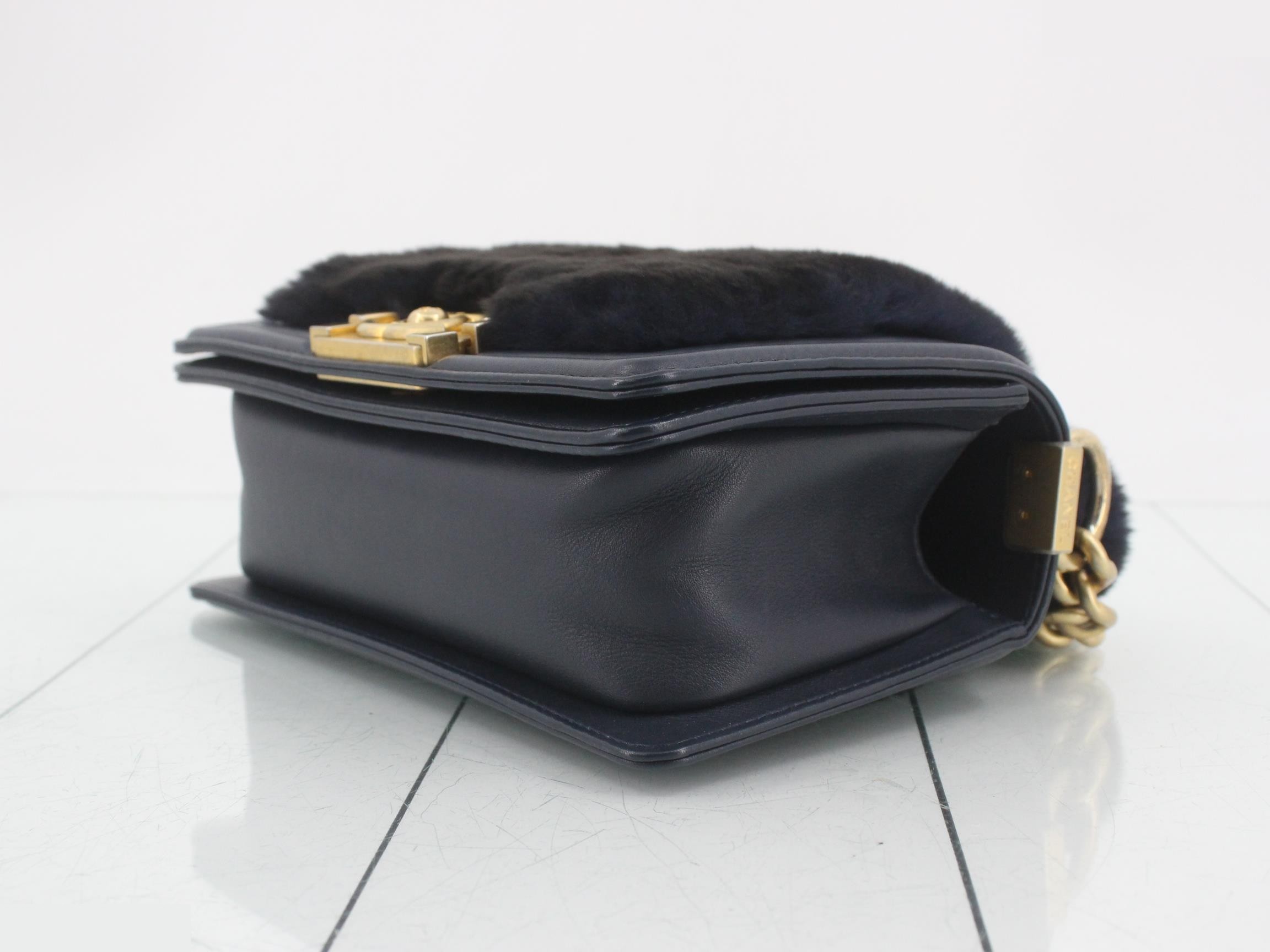 Boy Chanel Fur 2-Way Handbag/Chain Shoulder Bag, Navy — view 6