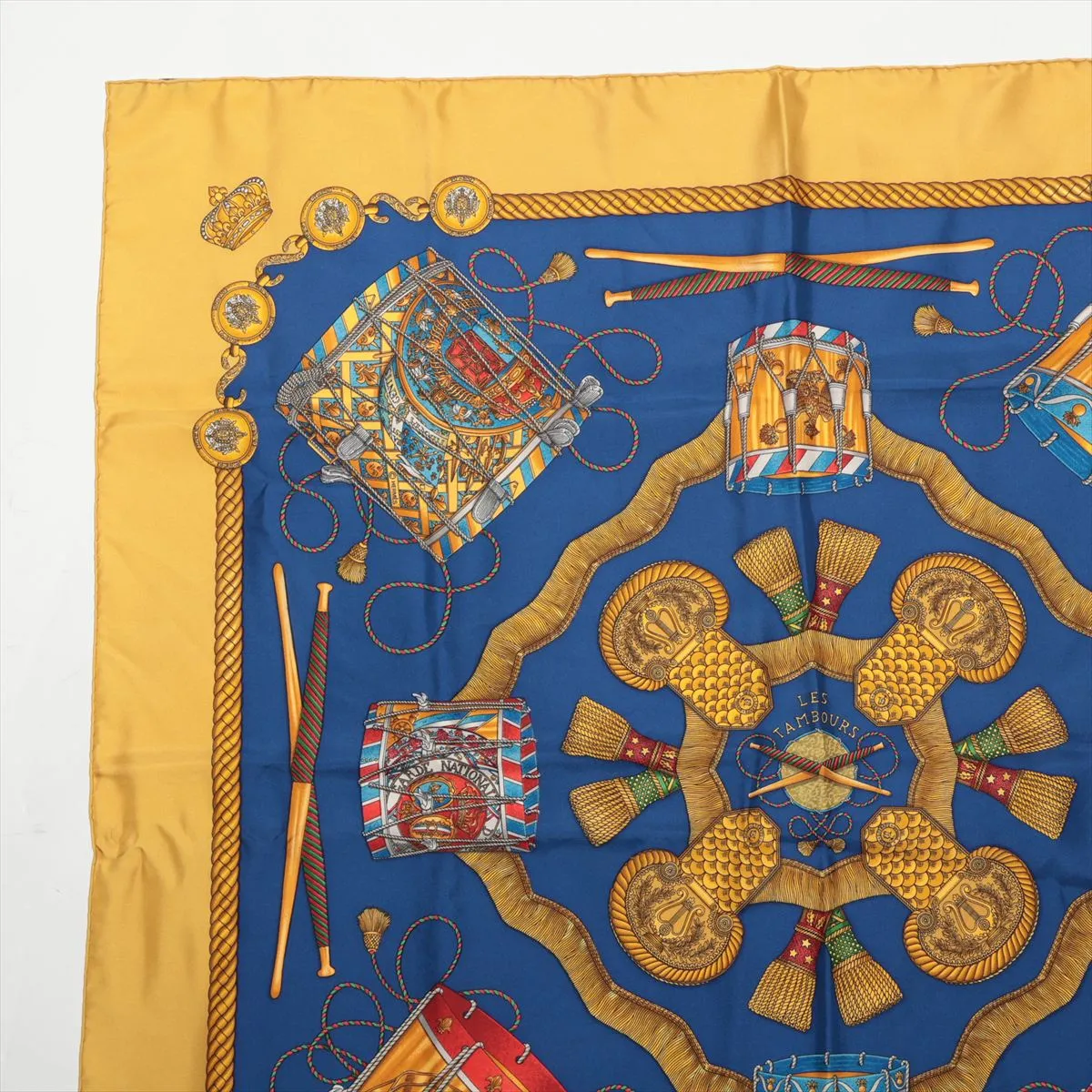 Carre 90 LES TAMBOURS Tambour Drum Scarf Silk Yellow x Blue Thread — view 2