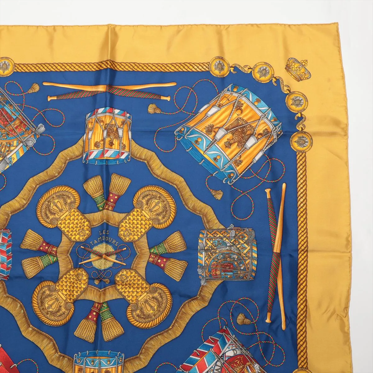 Carre 90 LES TAMBOURS Tambour Drum Scarf Silk Yellow x Blue Thread — view 3