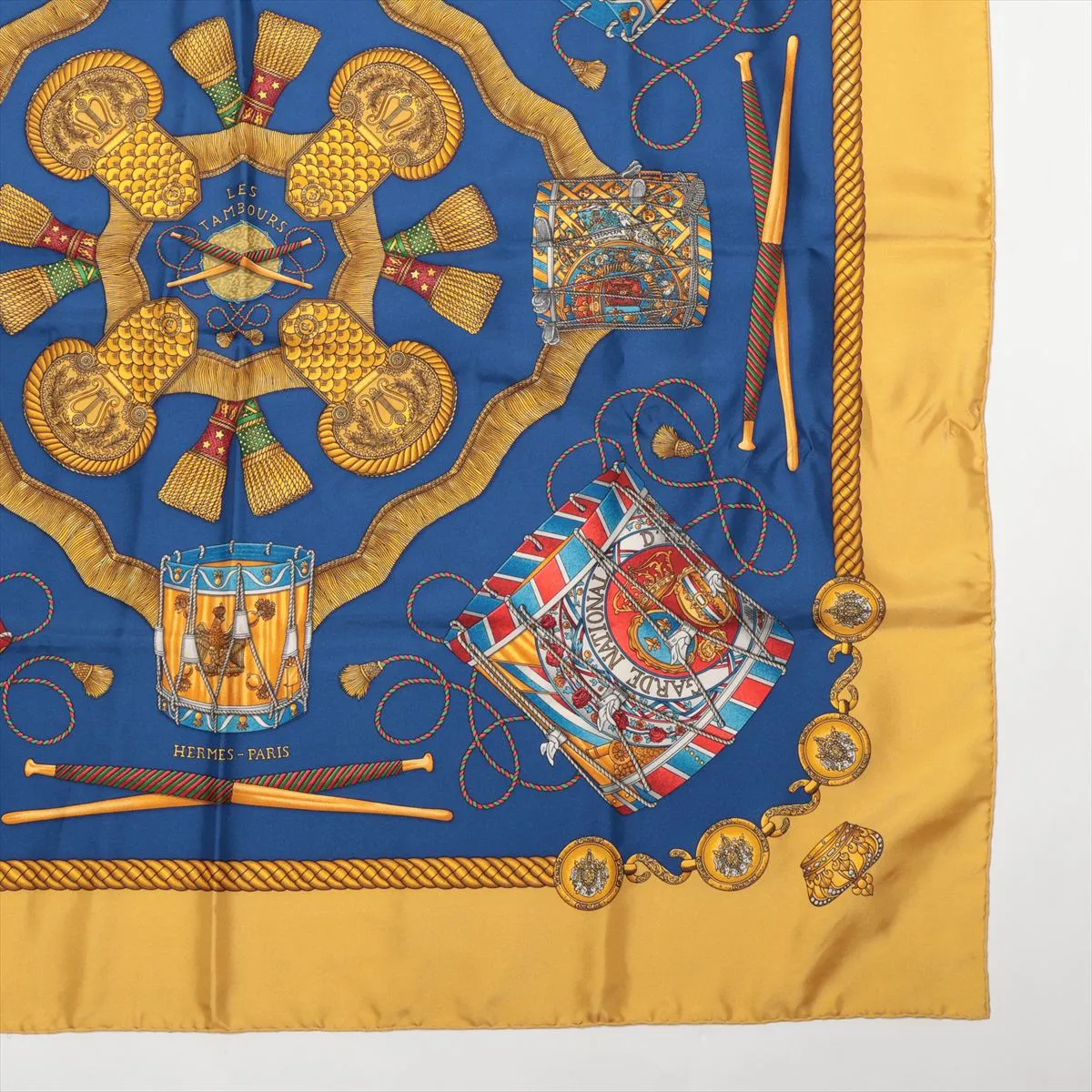 Carre 90 LES TAMBOURS Tambour Drum Scarf Silk Yellow x Blue Thread — view 4
