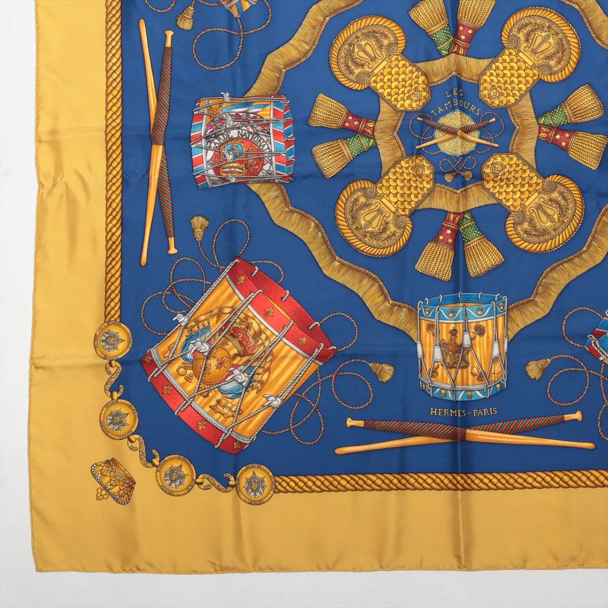 Carre 90 LES TAMBOURS Tambour Drum Scarf Silk Yellow x Blue Thread — view 5