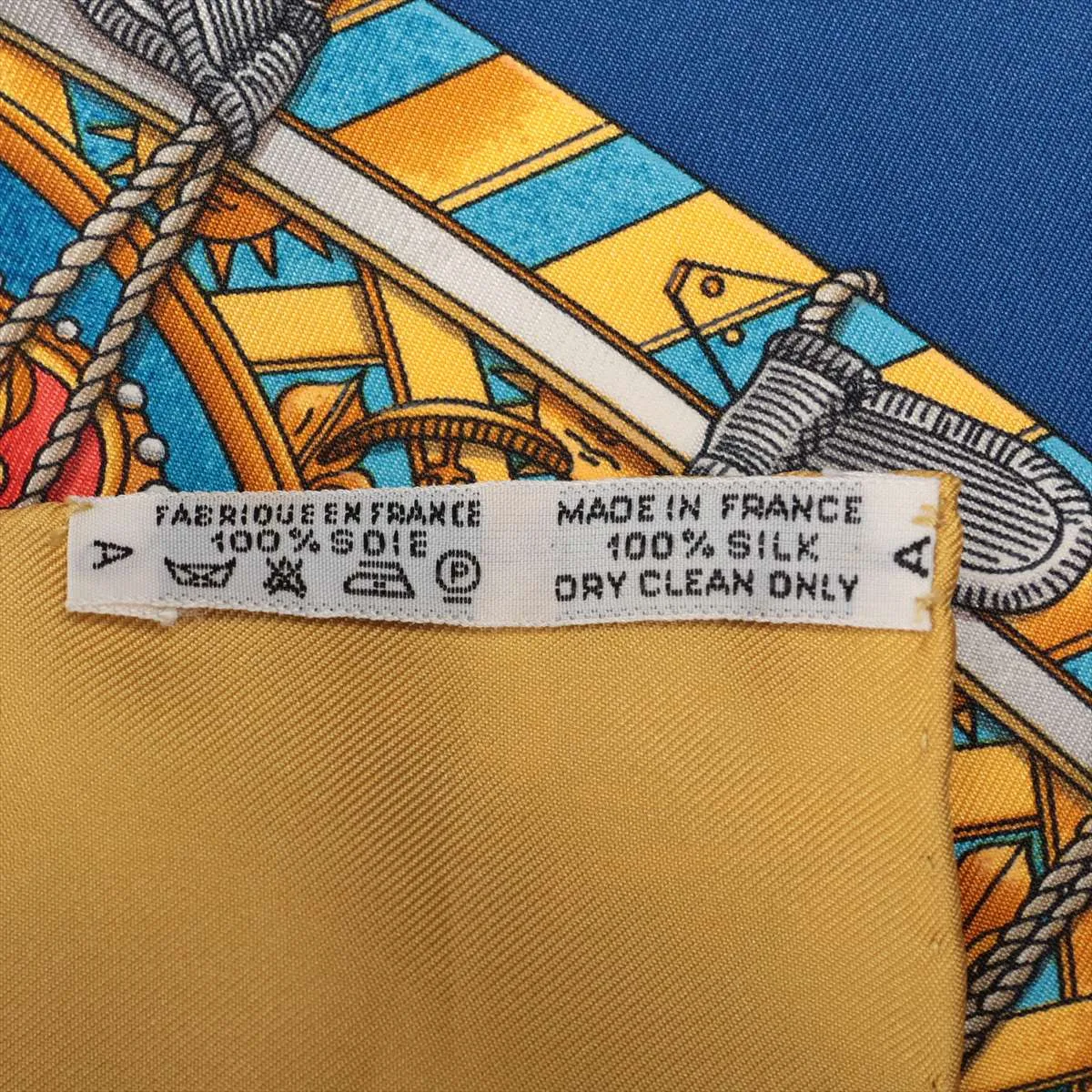 Carre 90 LES TAMBOURS Tambour Drum Scarf Silk Yellow x Blue Thread — view 6
