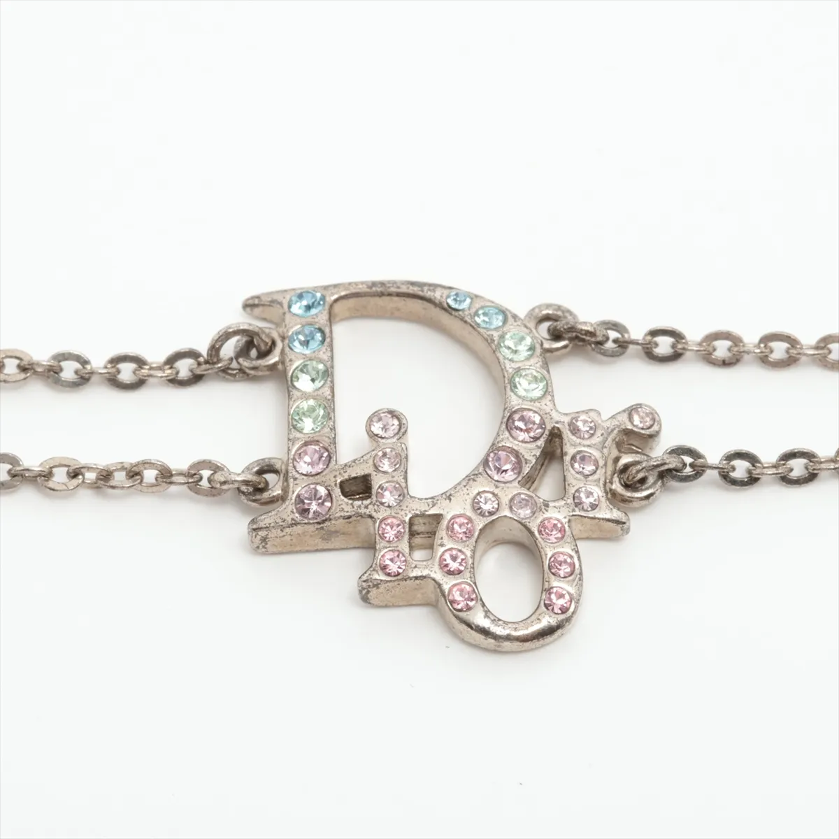 logo bracelet, metal x rhinestone, silver x multicolor. Shows signs of wear, including — view 2