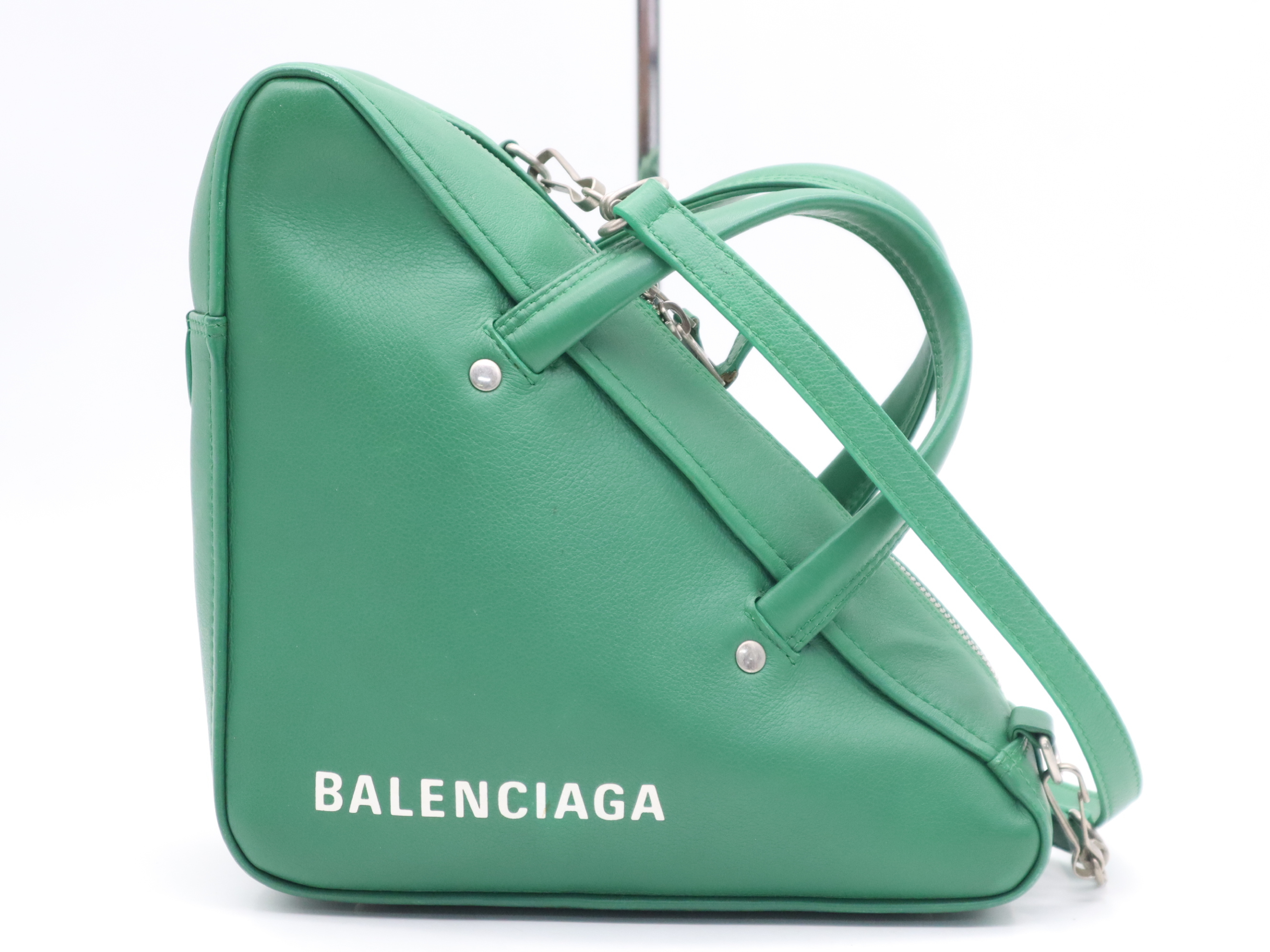 Leather Triangle 2-Way Handbag, Green, Silver Hardware, with Shoulder Strap