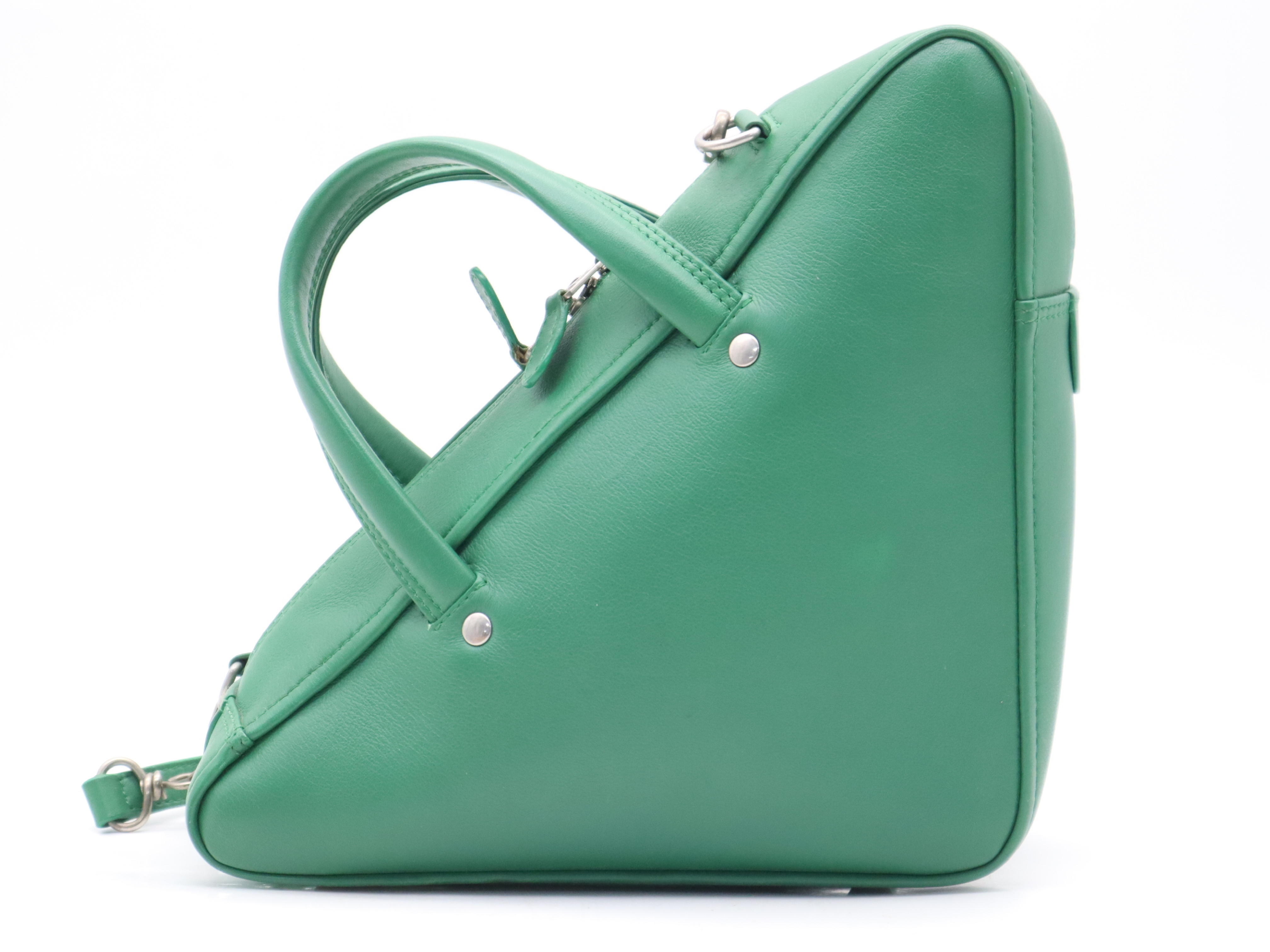 Leather Triangle 2-Way Handbag, Green, Silver Hardware, with Shoulder Strap — view 2