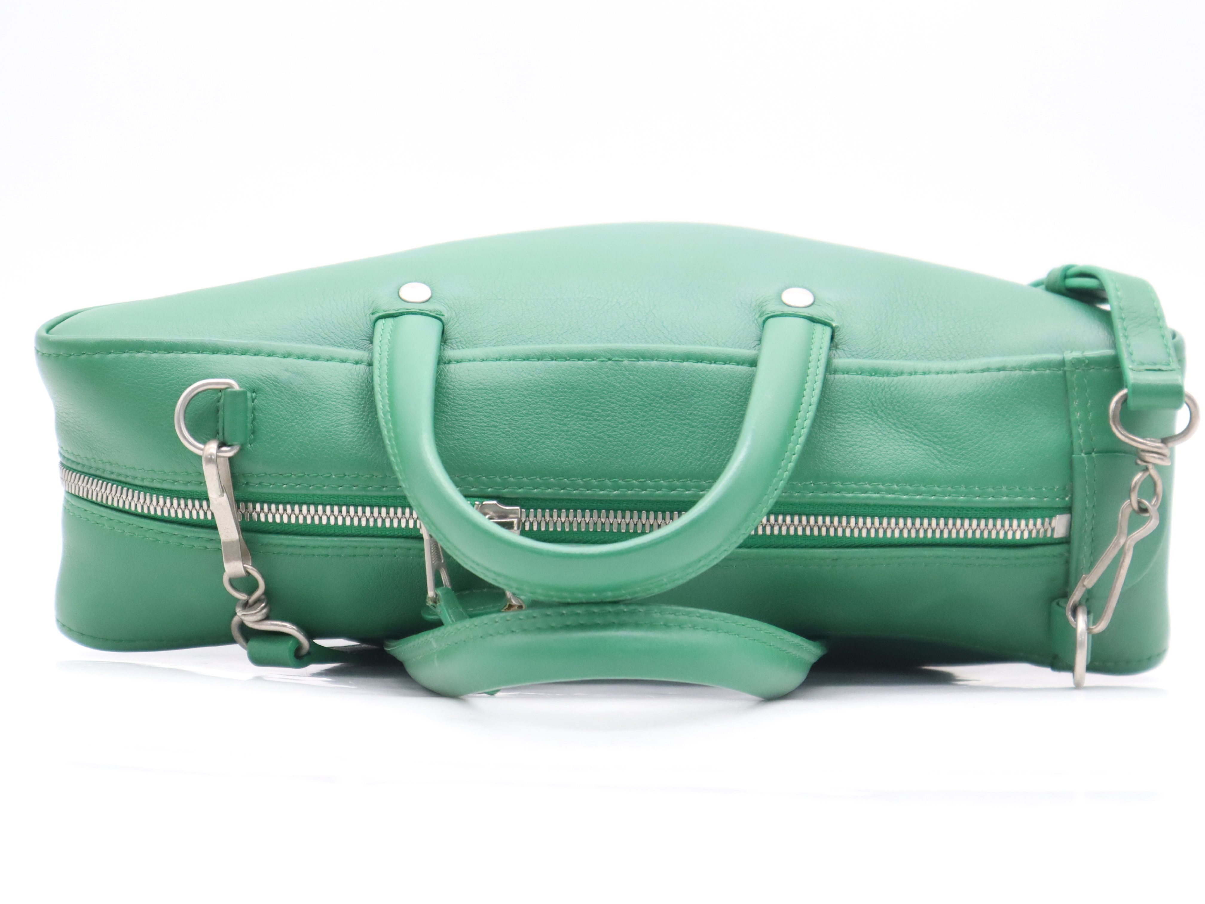 Leather Triangle 2-Way Handbag, Green, Silver Hardware, with Shoulder Strap — view 3