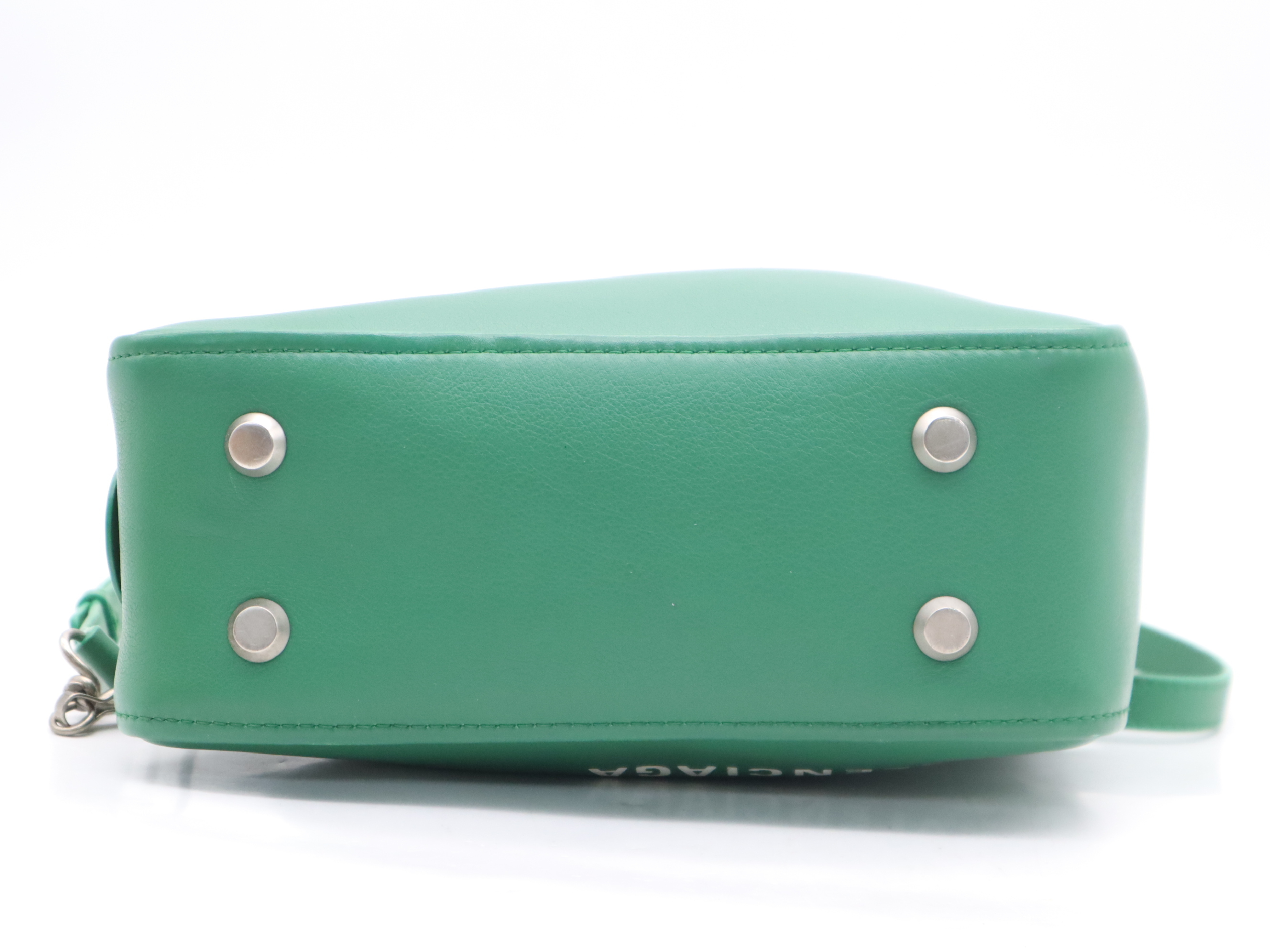 Leather Triangle 2-Way Handbag, Green, Silver Hardware, with Shoulder Strap — view 4