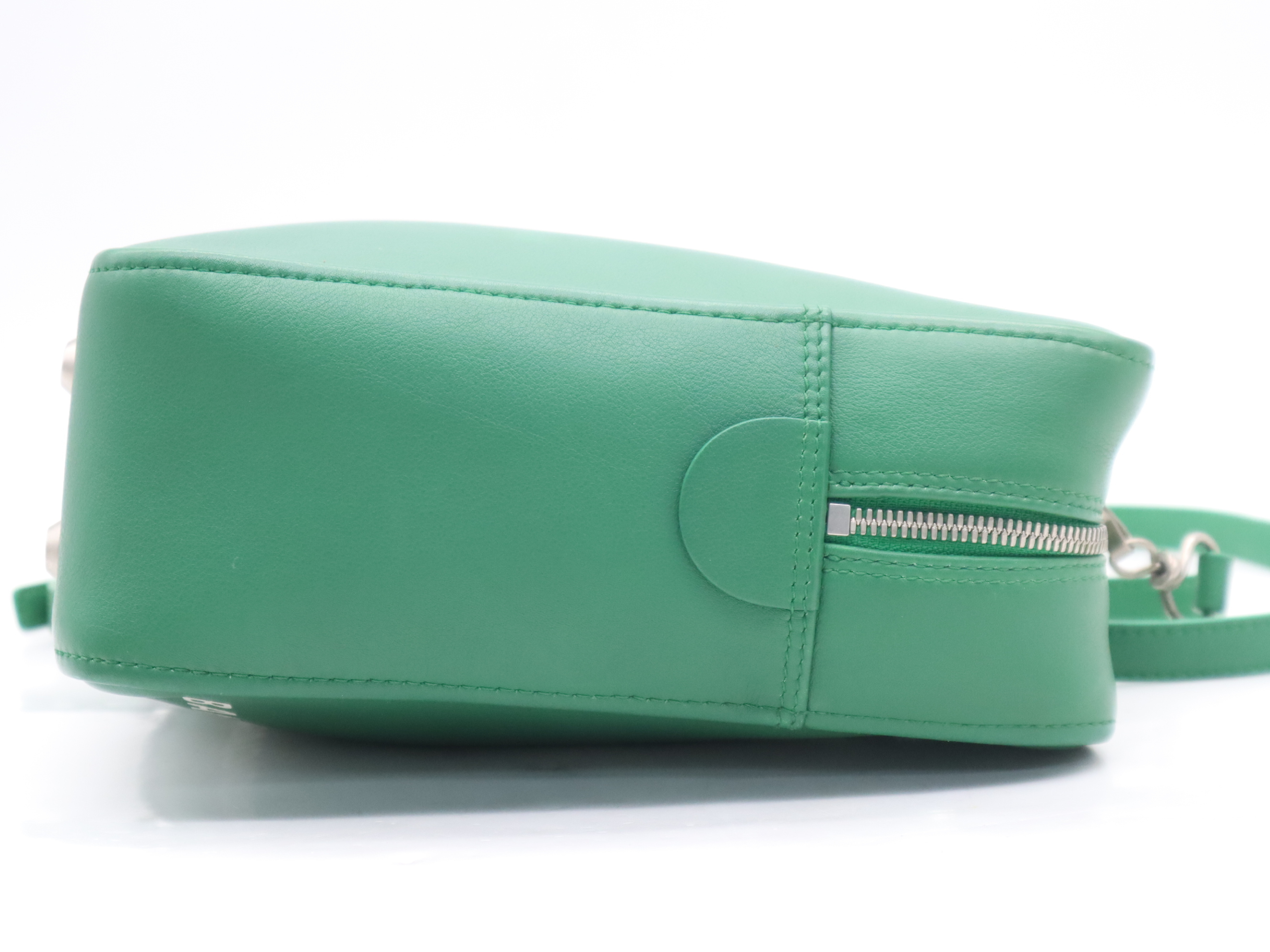 Leather Triangle 2-Way Handbag, Green, Silver Hardware, with Shoulder Strap — view 5