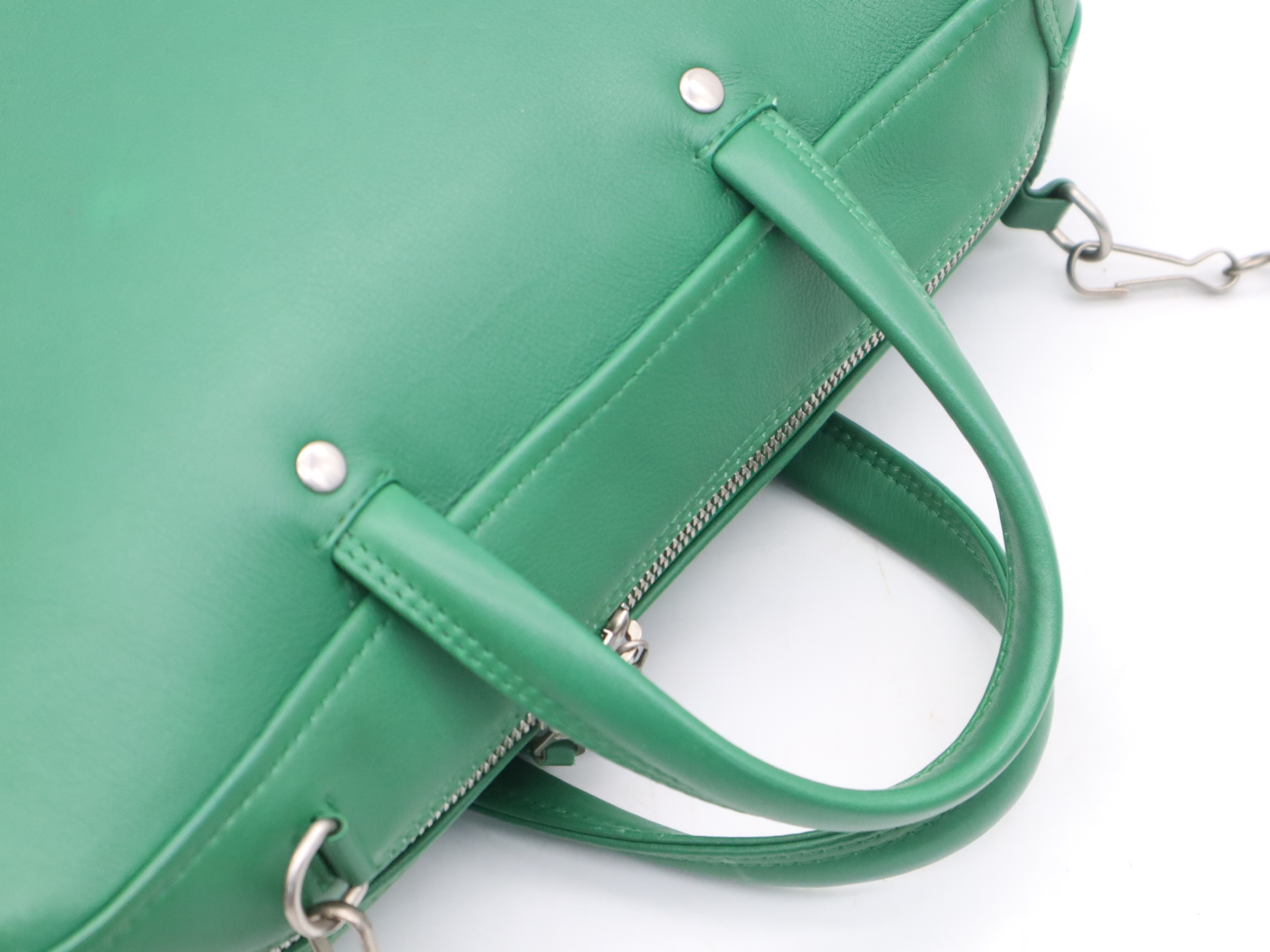 Leather Triangle 2-Way Handbag, Green, Silver Hardware, with Shoulder Strap — view 6