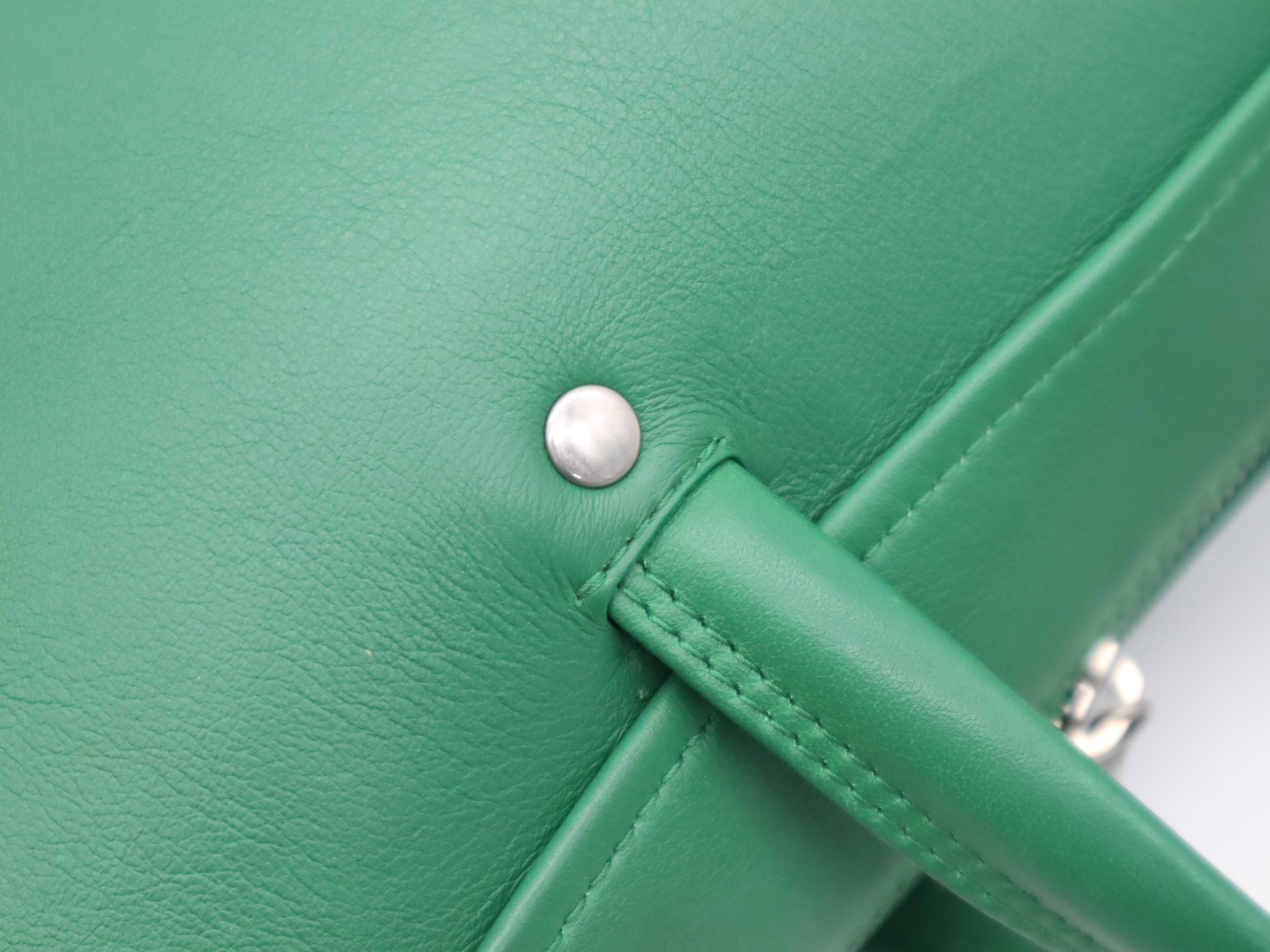 Leather Triangle 2-Way Handbag, Green, Silver Hardware, with Shoulder Strap — view 7