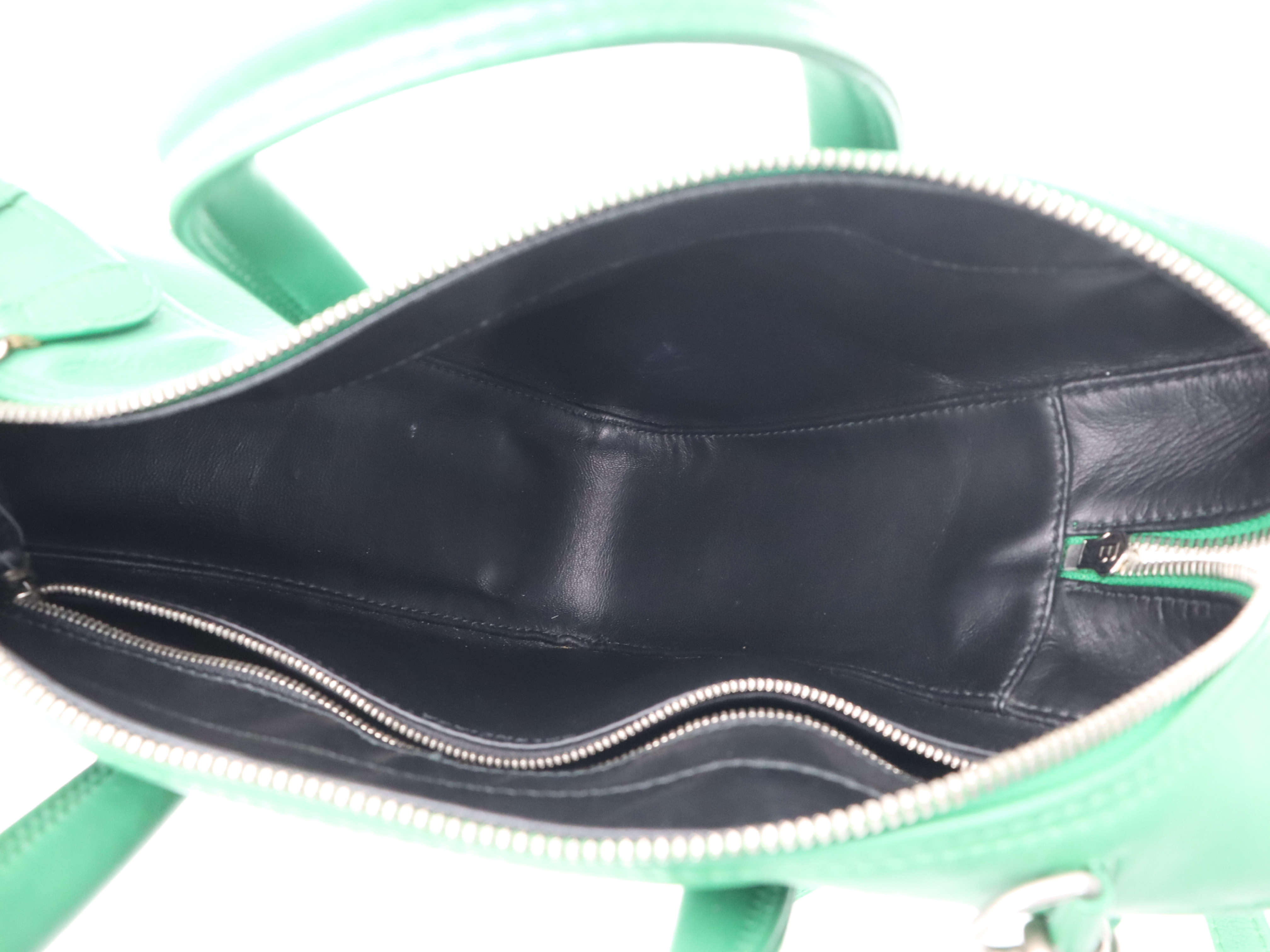 Leather Triangle 2-Way Handbag, Green, Silver Hardware, with Shoulder Strap — view 10