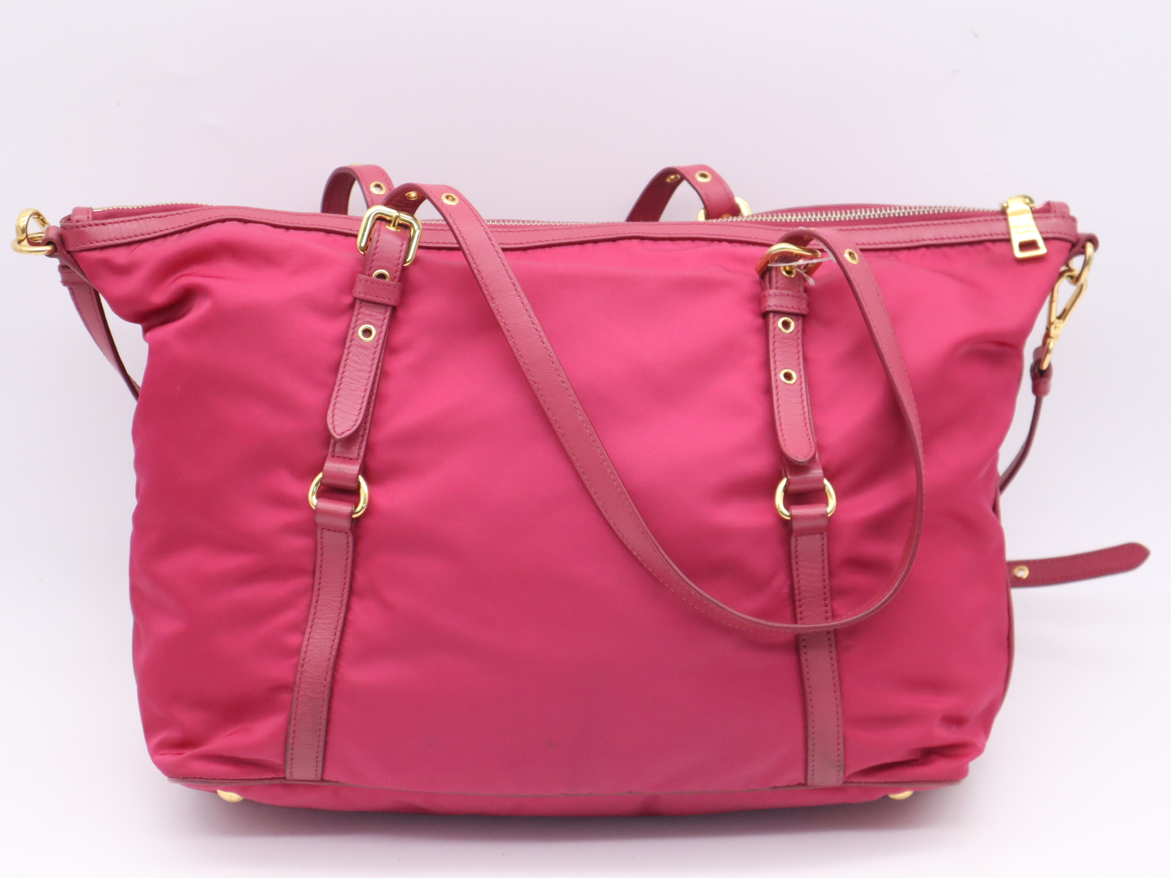 Nylon/Leather 2-Way Tote Bag, Pink, Gold Hardware, Includes Shoulder Strap, Name Tag, and Card Holder. — view 2