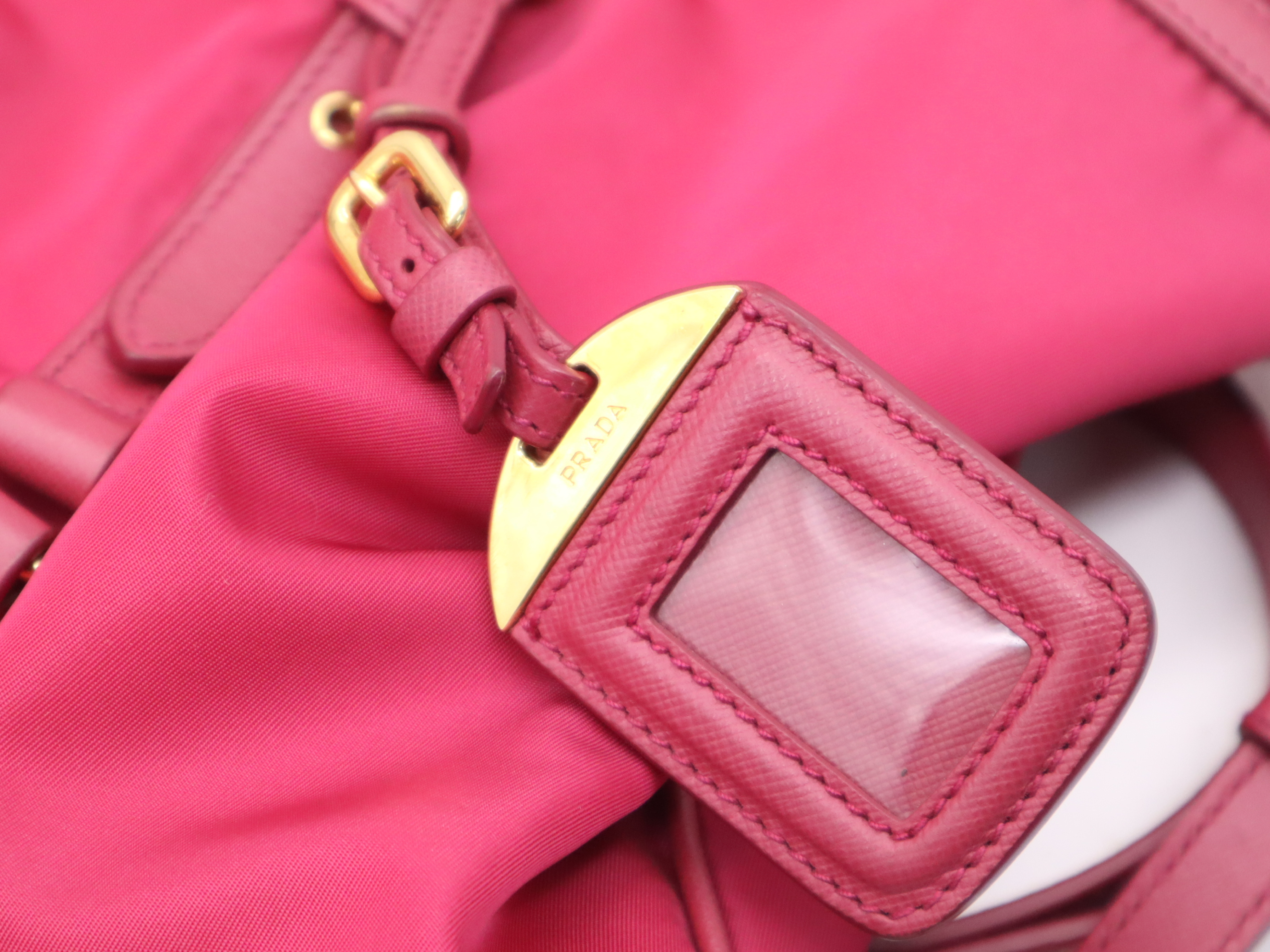 Nylon/Leather 2-Way Tote Bag, Pink, Gold Hardware, Includes Shoulder Strap, Name Tag, and Card Holder. — view 14