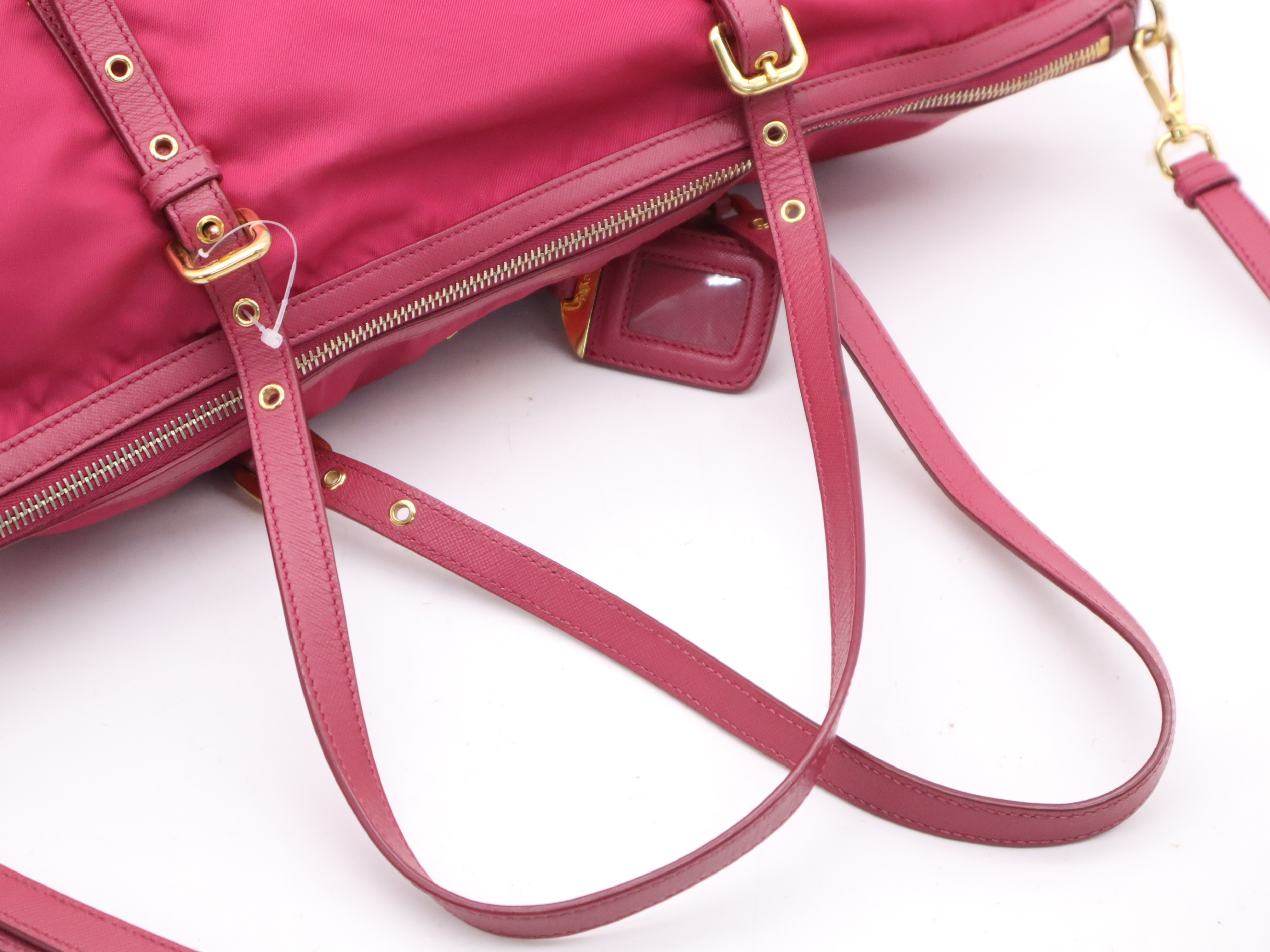 Nylon/Leather 2-Way Tote Bag, Pink, Gold Hardware, Includes Shoulder Strap, Name Tag, and Card Holder. — view 6