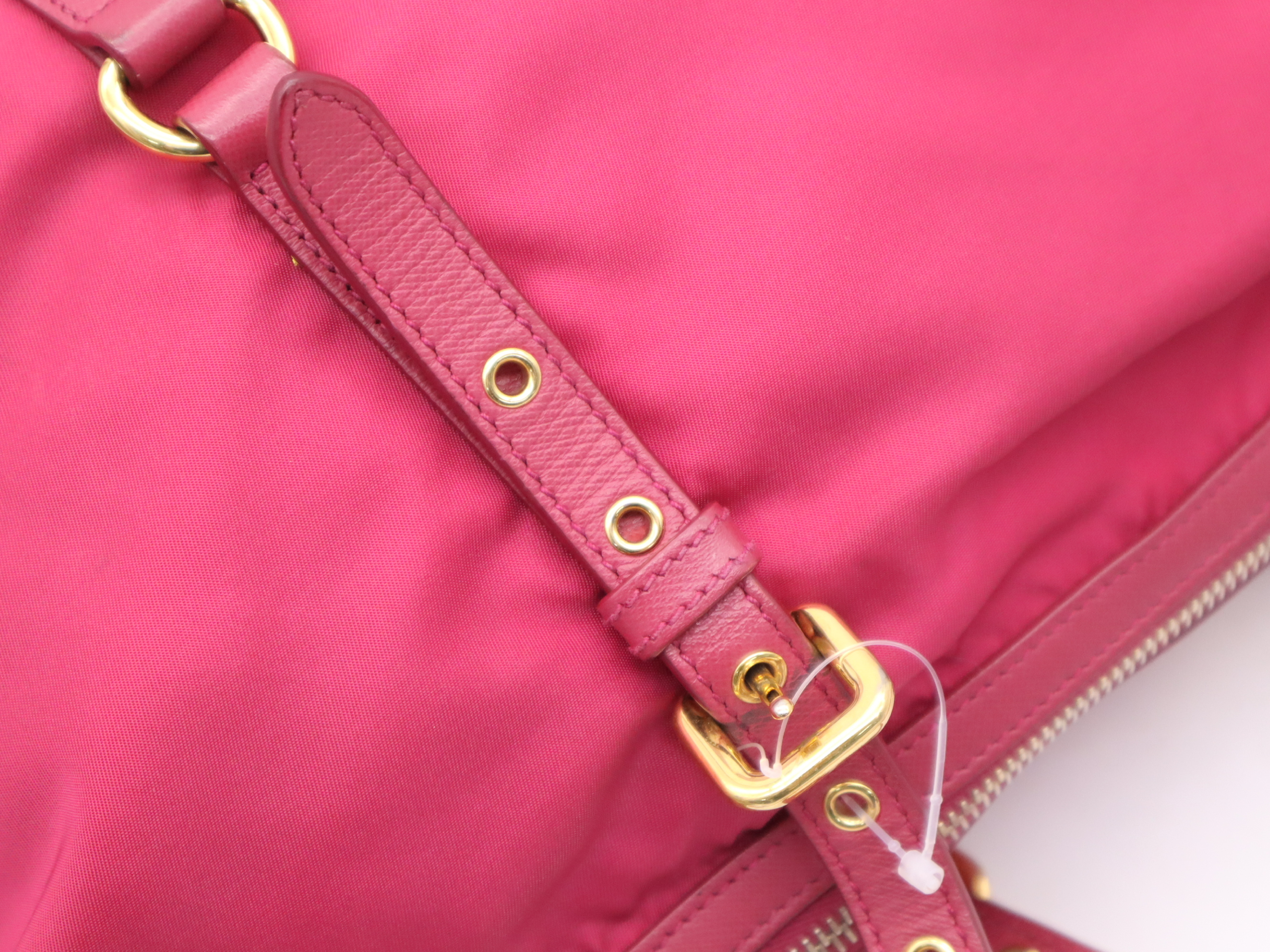 Nylon/Leather 2-Way Tote Bag, Pink, Gold Hardware, Includes Shoulder Strap, Name Tag, and Card Holder. — view 7