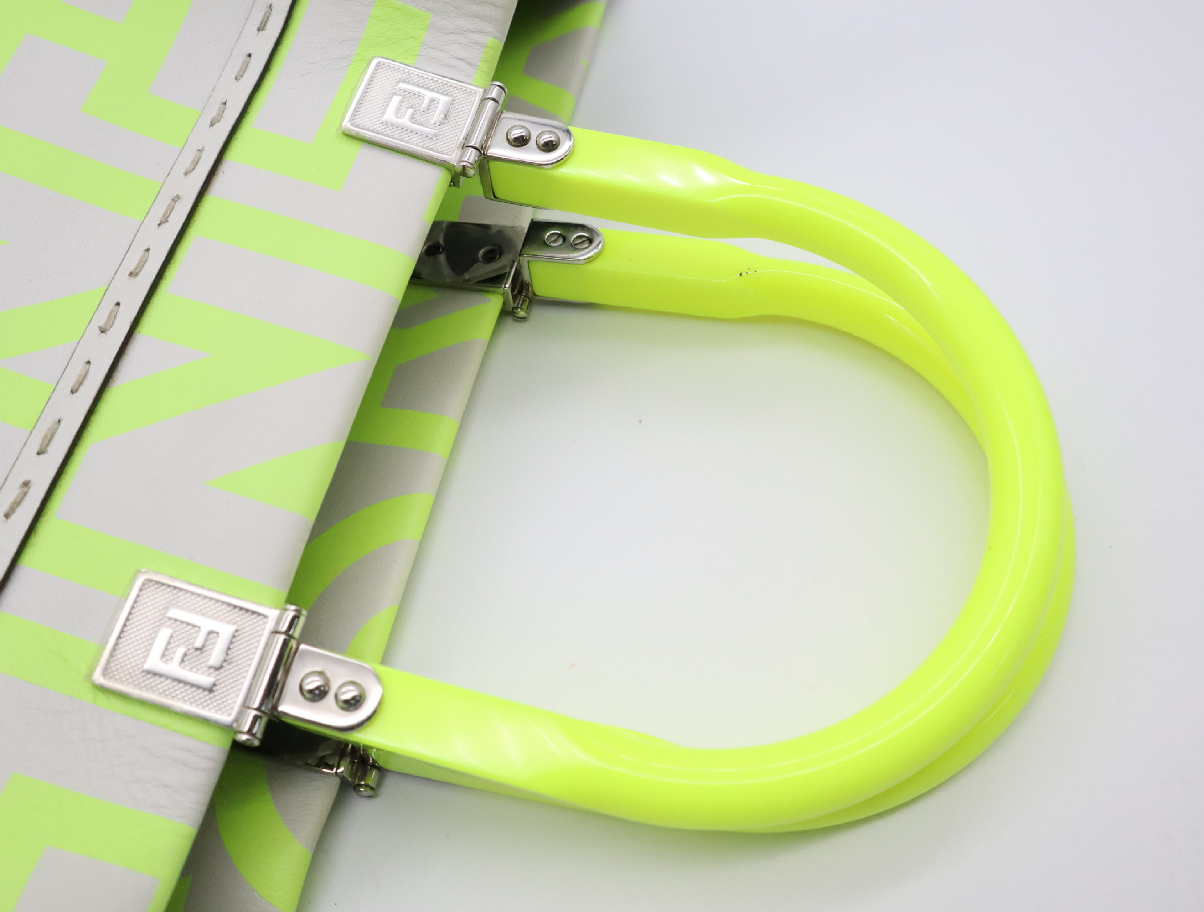 Sunshine Leather Tote Bag - Marc Jacobs Collaboration - Fluorescent Yellow, White, Silver Hardware — view 12