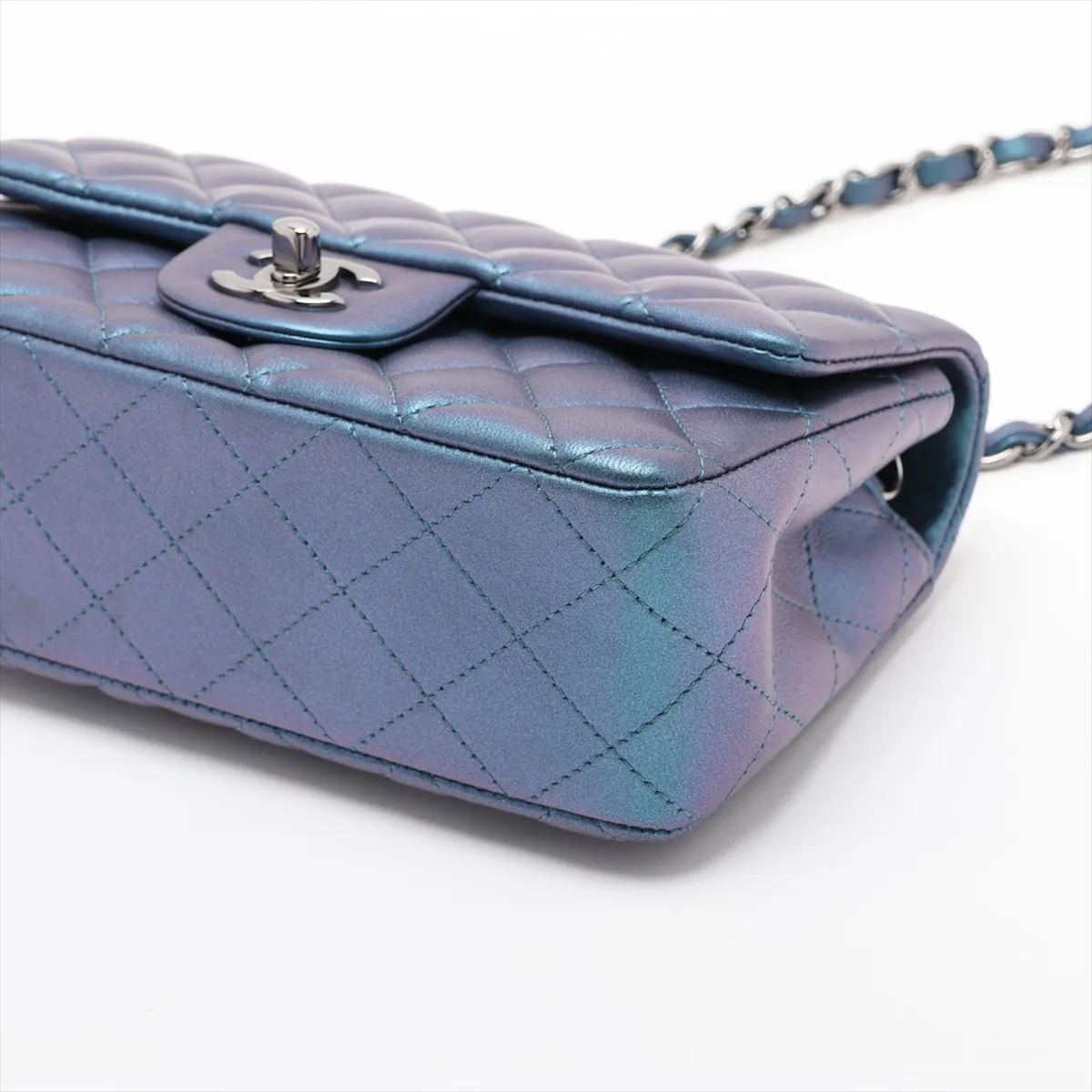 Mini Matelassé 20 Lambskin Single Flap Single Chain Bag, Blue x Purple, Silver Hardware, 23654439, Serial Number 23-series, A69900 — view 3