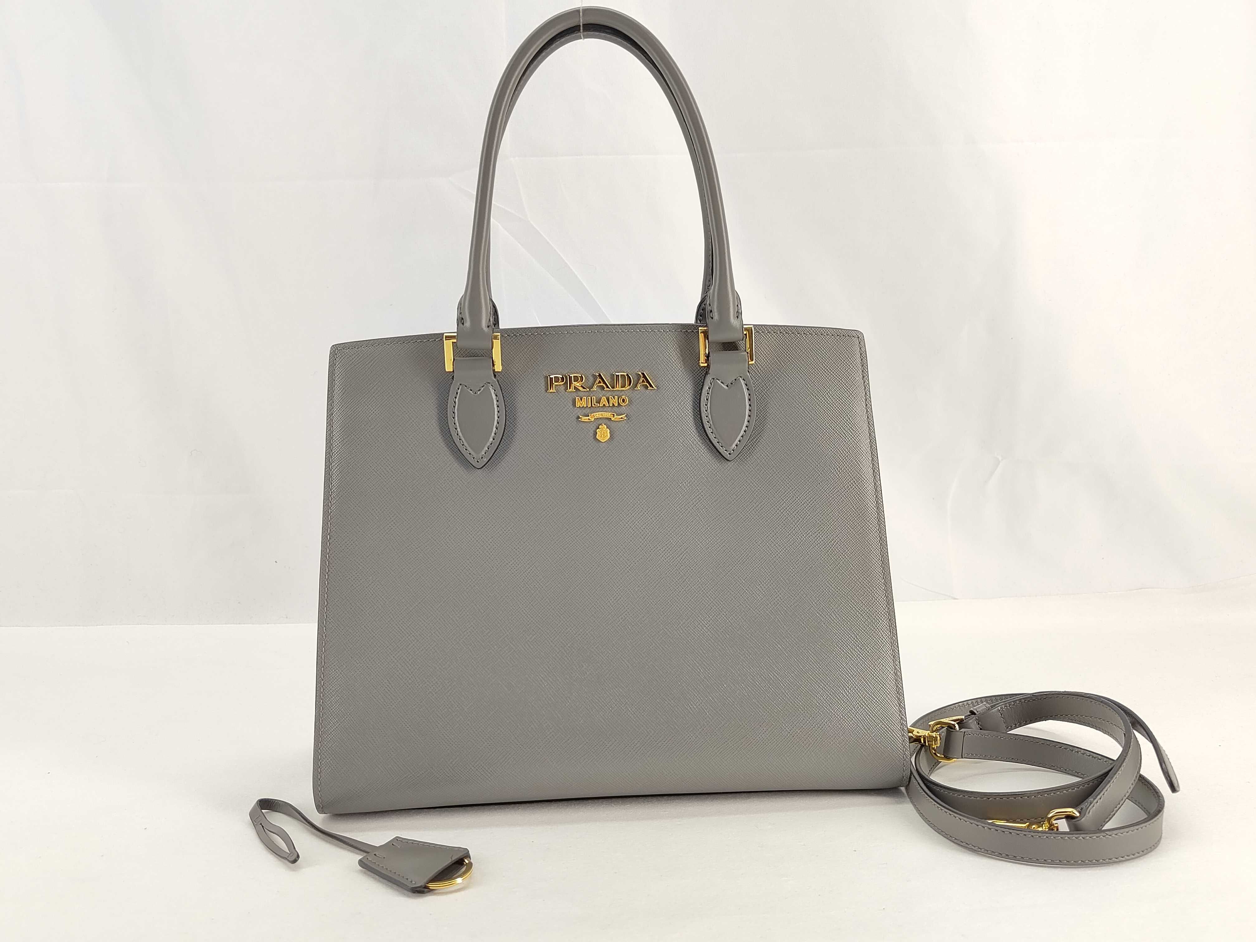 SG- Saffiano Leather 2-Way Handbag Gray 1BA113 Clochette Shoulder Strap Handbag