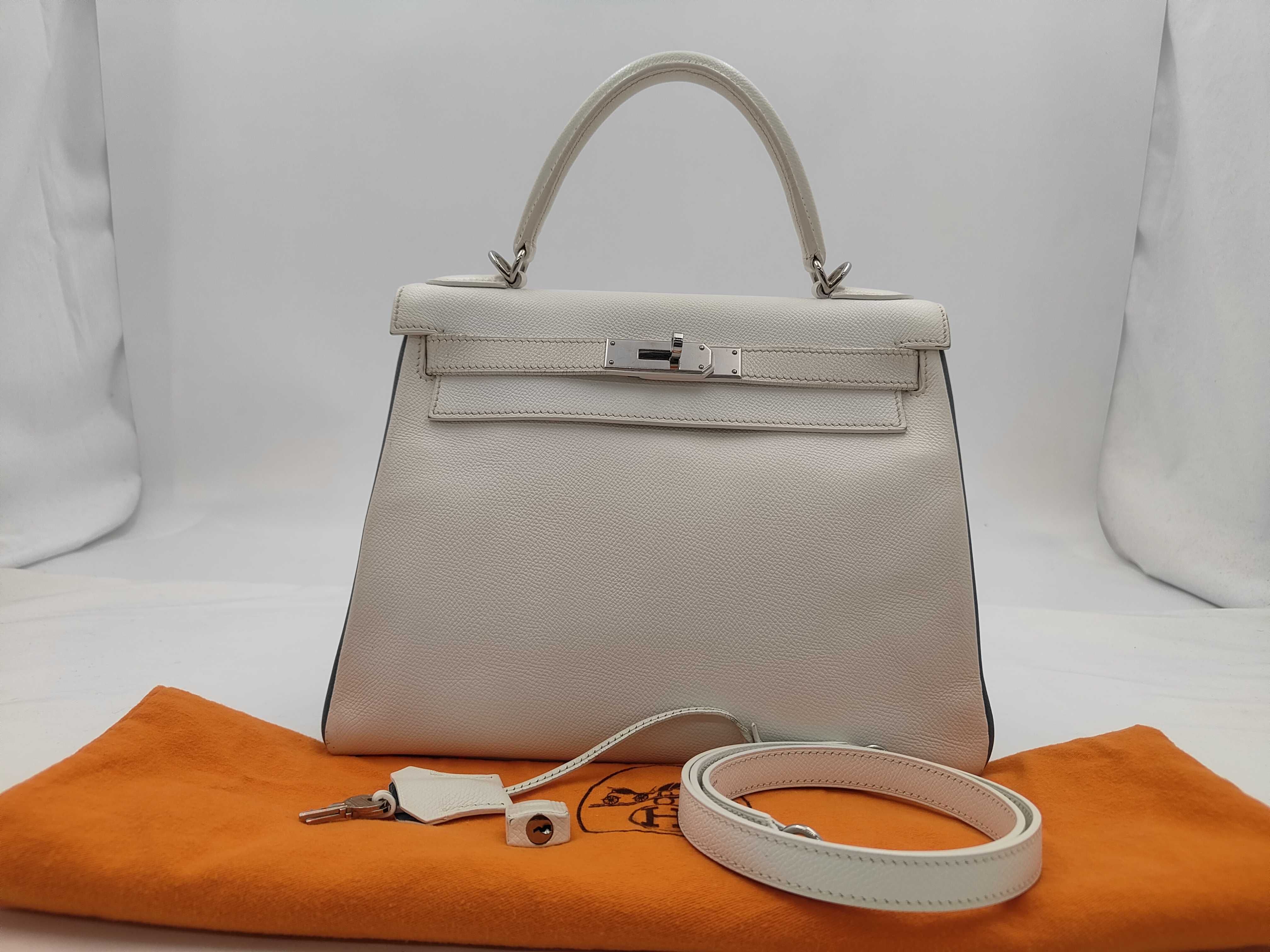 Kelly 28 Epsom Leather, White x Turquoise, J Stamp, Handbag