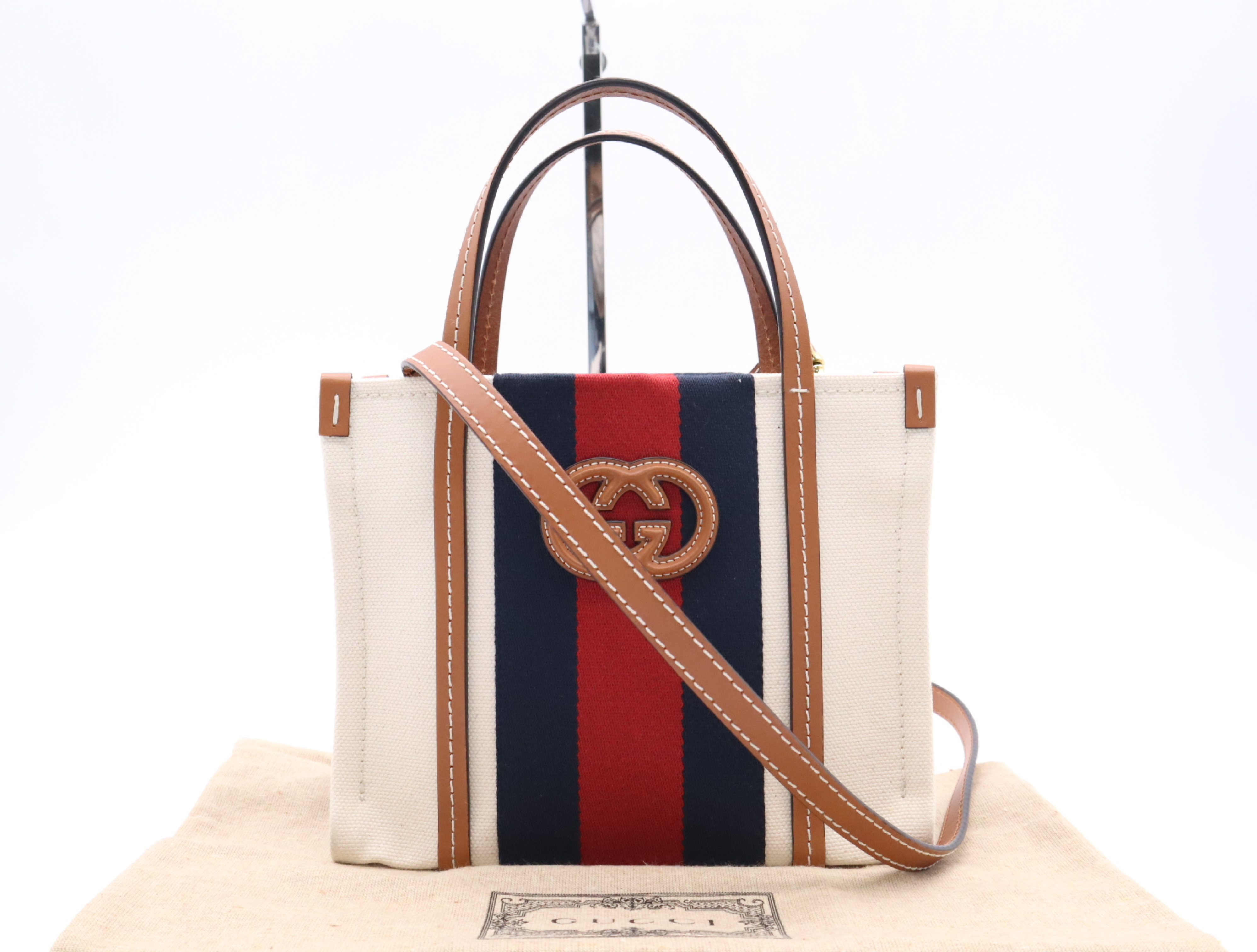 727735 Canvas Interlocking G Sherry Line Mini Tote Bag White Brown with Shoulder Strap and Dust Bag