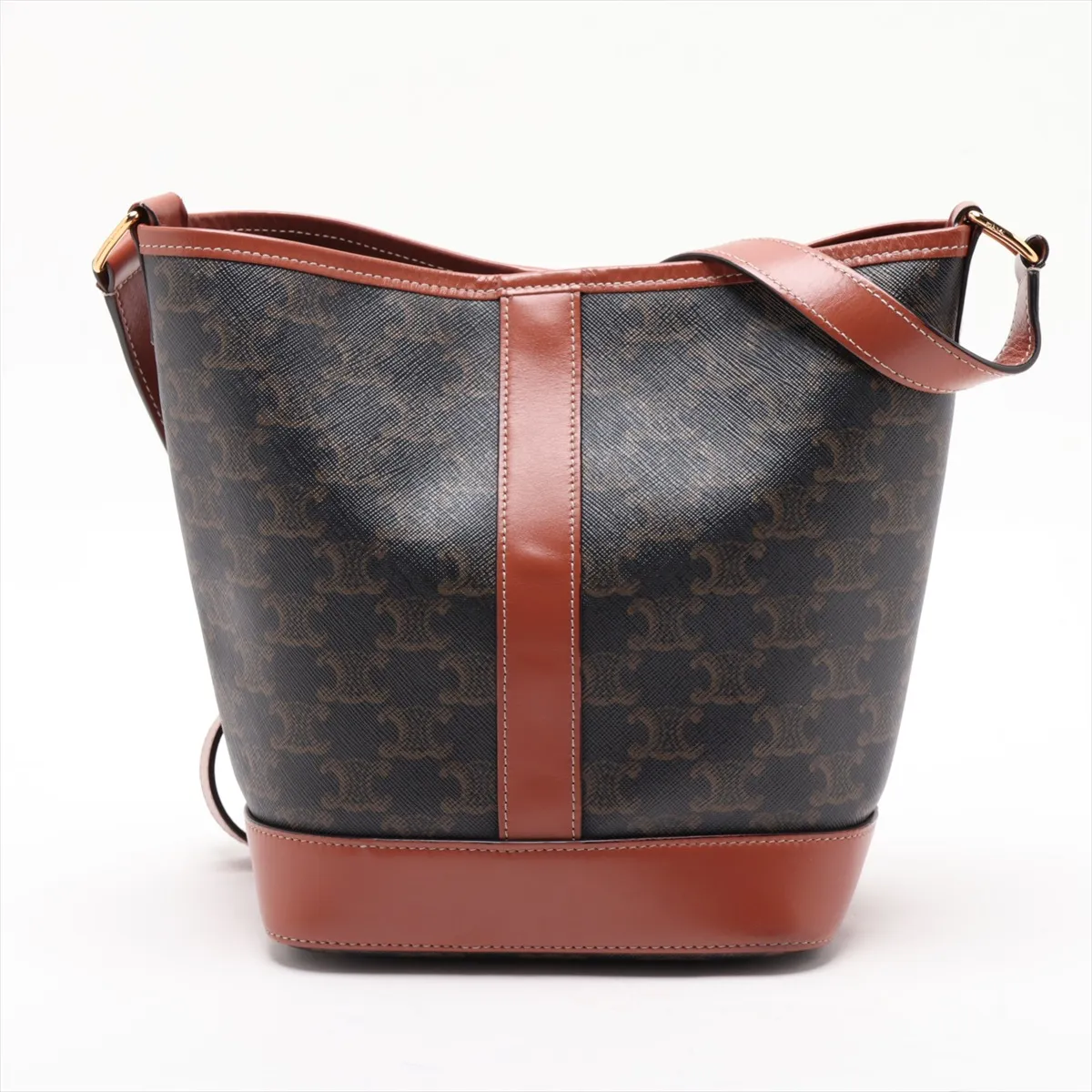 Triomphe Small Bucket PVC x Leather Shoulder Bag, Brown — view 2