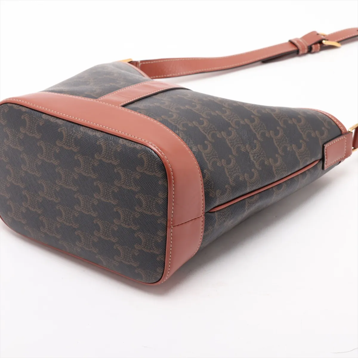 Triomphe Small Bucket PVC x Leather Shoulder Bag, Brown — view 3