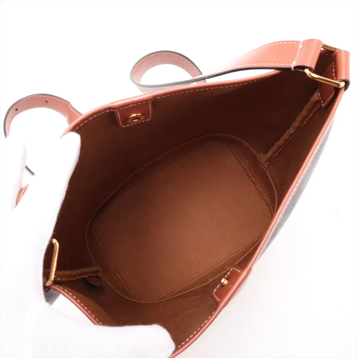 Triomphe Small Bucket PVC x Leather Shoulder Bag, Brown — view 6