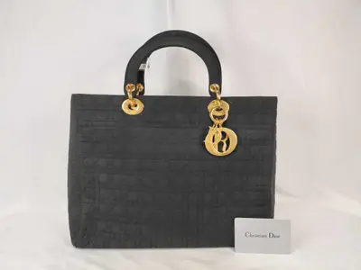 Lady Dior PH-Christian Cannage Quilted Black Fabric Lady Tote Bag Handbag