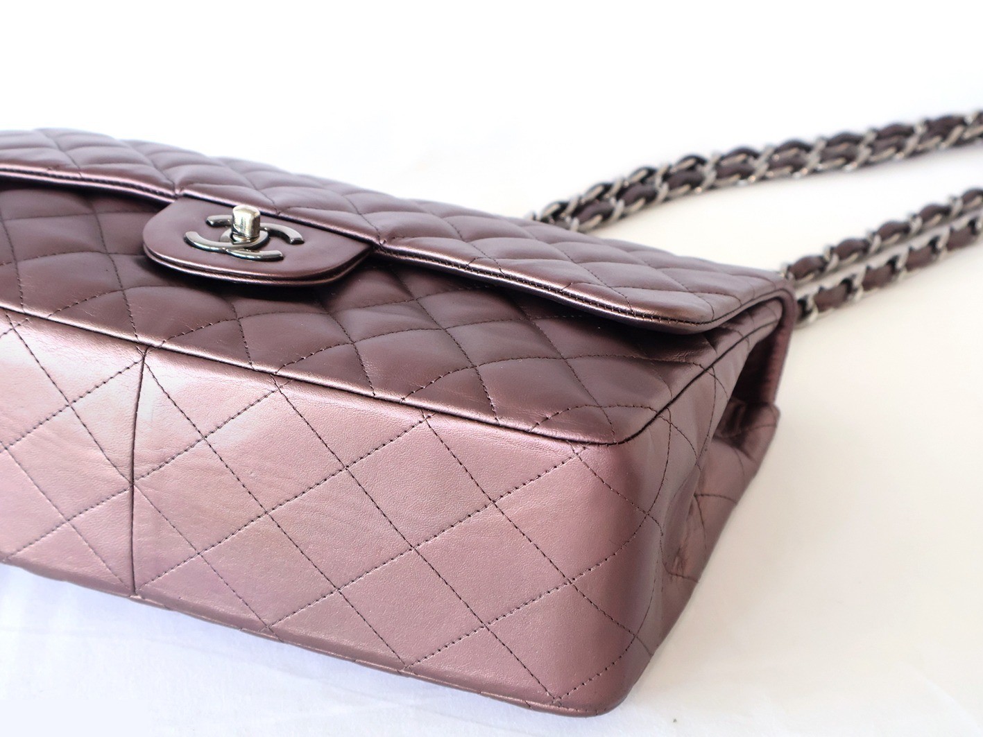 Large Matelassé Lambskin Double Chain Shoulder Bag, Purple — view 4