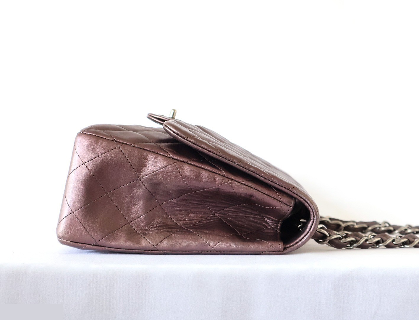 Large Matelassé Lambskin Double Chain Shoulder Bag, Purple — view 7