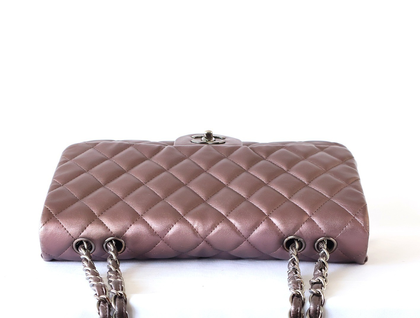 Large Matelassé Lambskin Double Chain Shoulder Bag, Purple — view 8