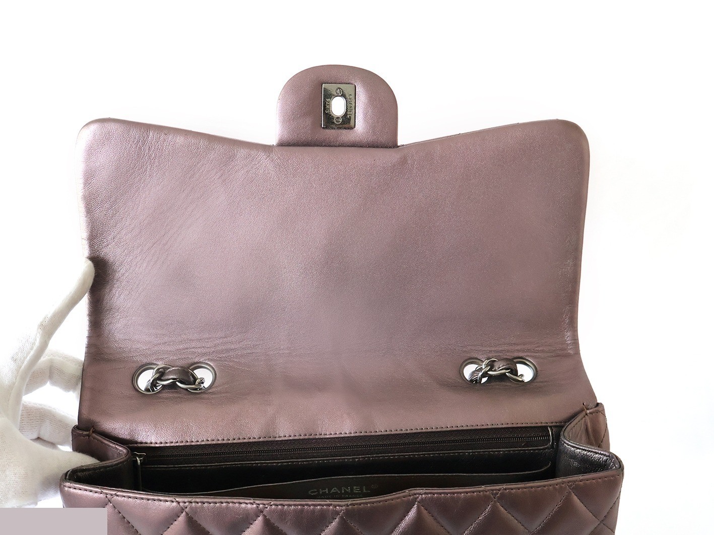 Large Matelassé Lambskin Double Chain Shoulder Bag, Purple — view 10