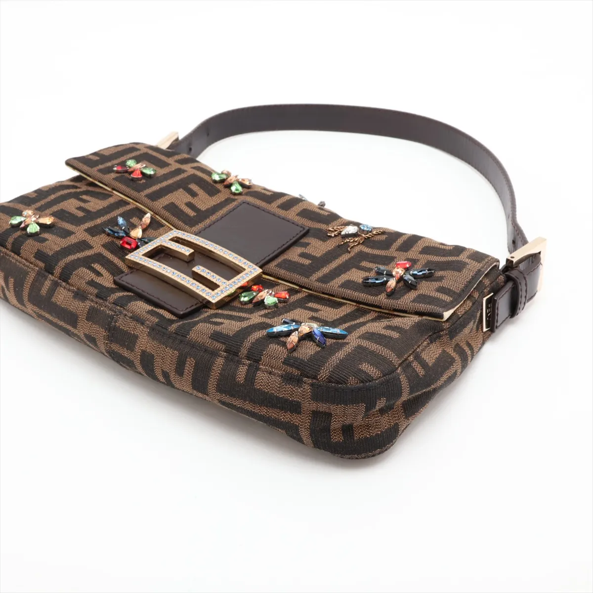 Zucca Canvas x Leather x Beaded Shoulder Bag, Brown, 8BR600 — view 3