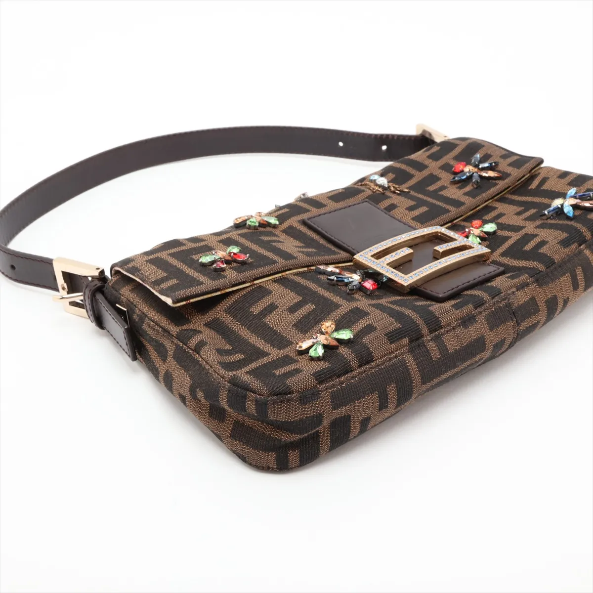 Zucca Canvas x Leather x Beaded Shoulder Bag, Brown, 8BR600 — view 4