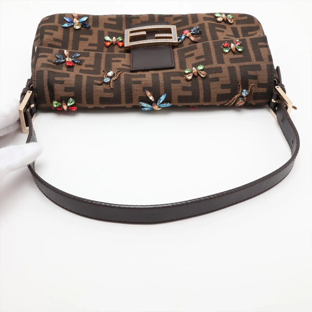 Zucca Canvas x Leather x Beaded Shoulder Bag, Brown, 8BR600 — view 5