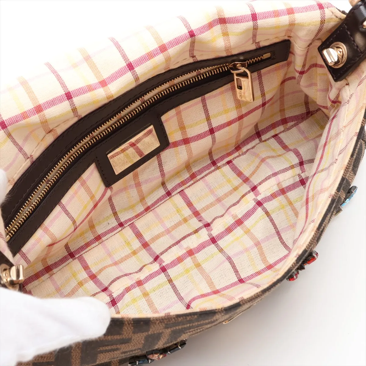 Zucca Canvas x Leather x Beaded Shoulder Bag, Brown, 8BR600 — view 7