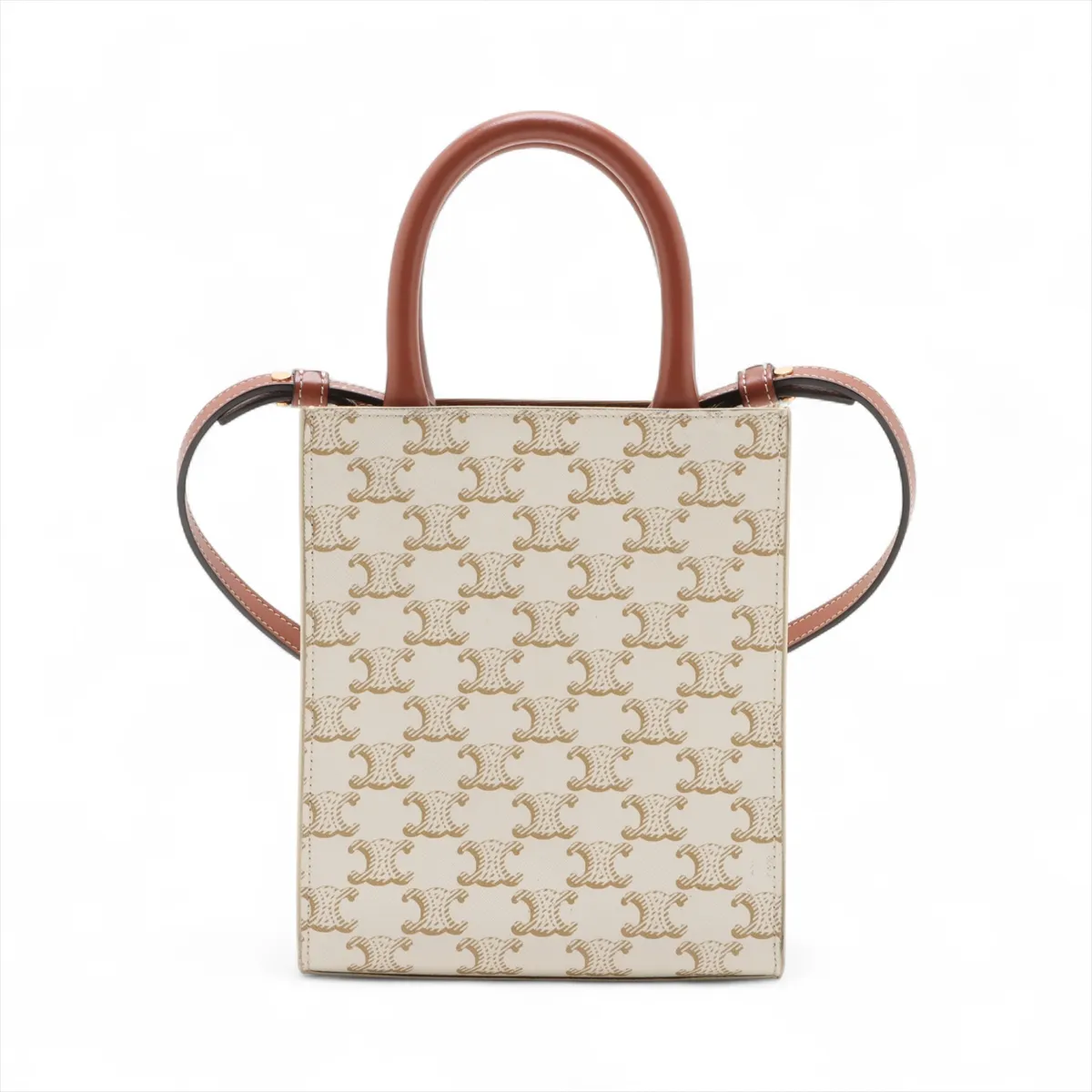 Triomphe Mini Vertical Cover PVC x Leather 2WAY Handbag Beige x Brown — view 2