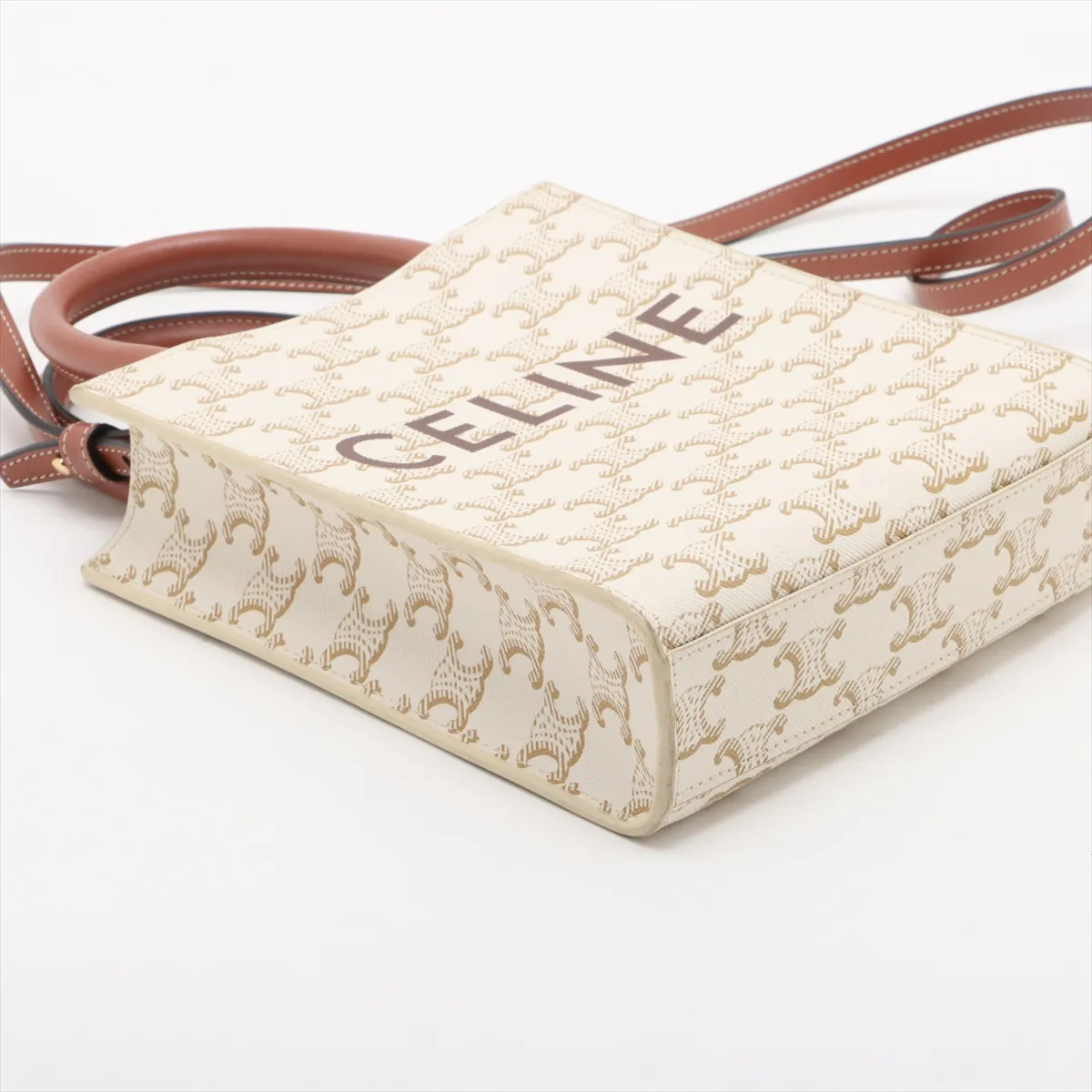 Triomphe Mini Vertical Cover PVC x Leather 2WAY Handbag Beige x Brown — view 4