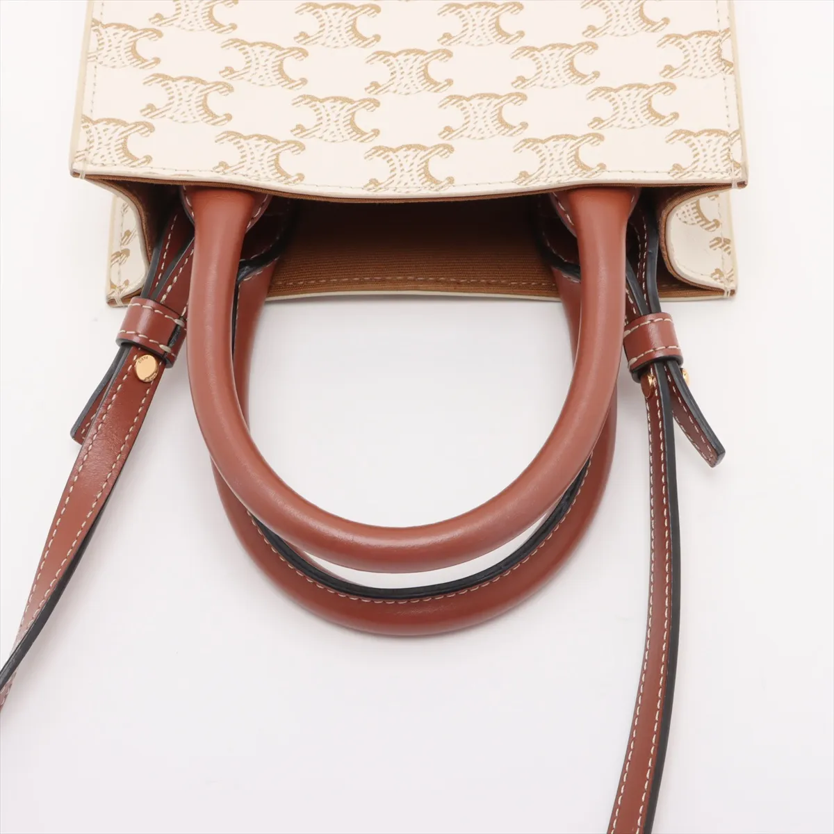 Triomphe Mini Vertical Cover PVC x Leather 2WAY Handbag Beige x Brown — view 5