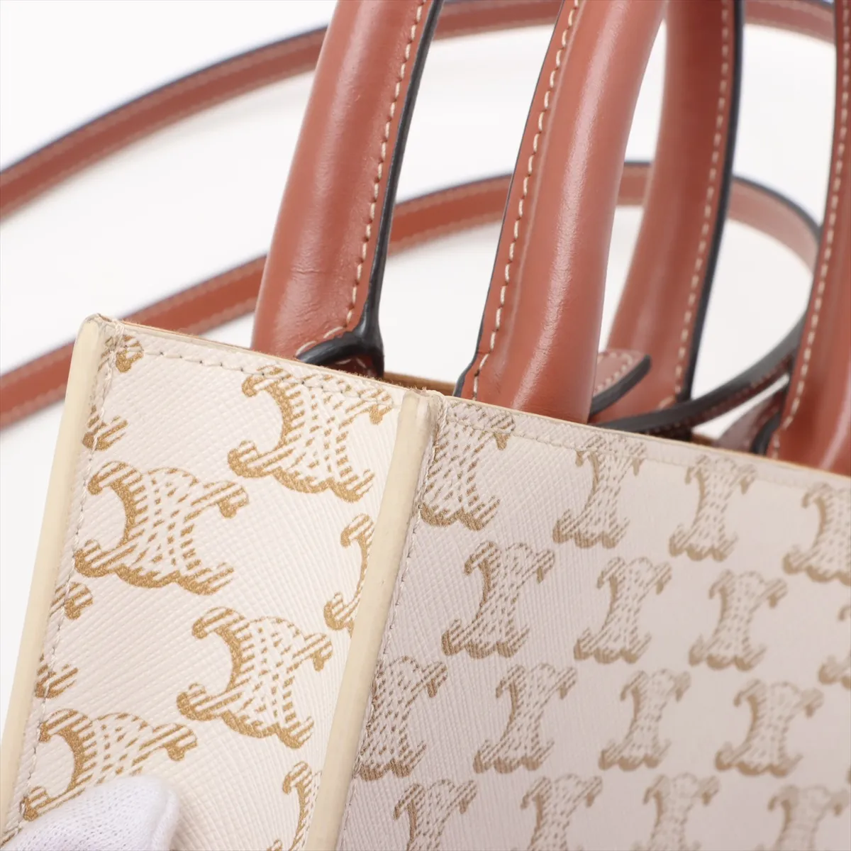 Triomphe Mini Vertical Cover PVC x Leather 2WAY Handbag Beige x Brown — view 10