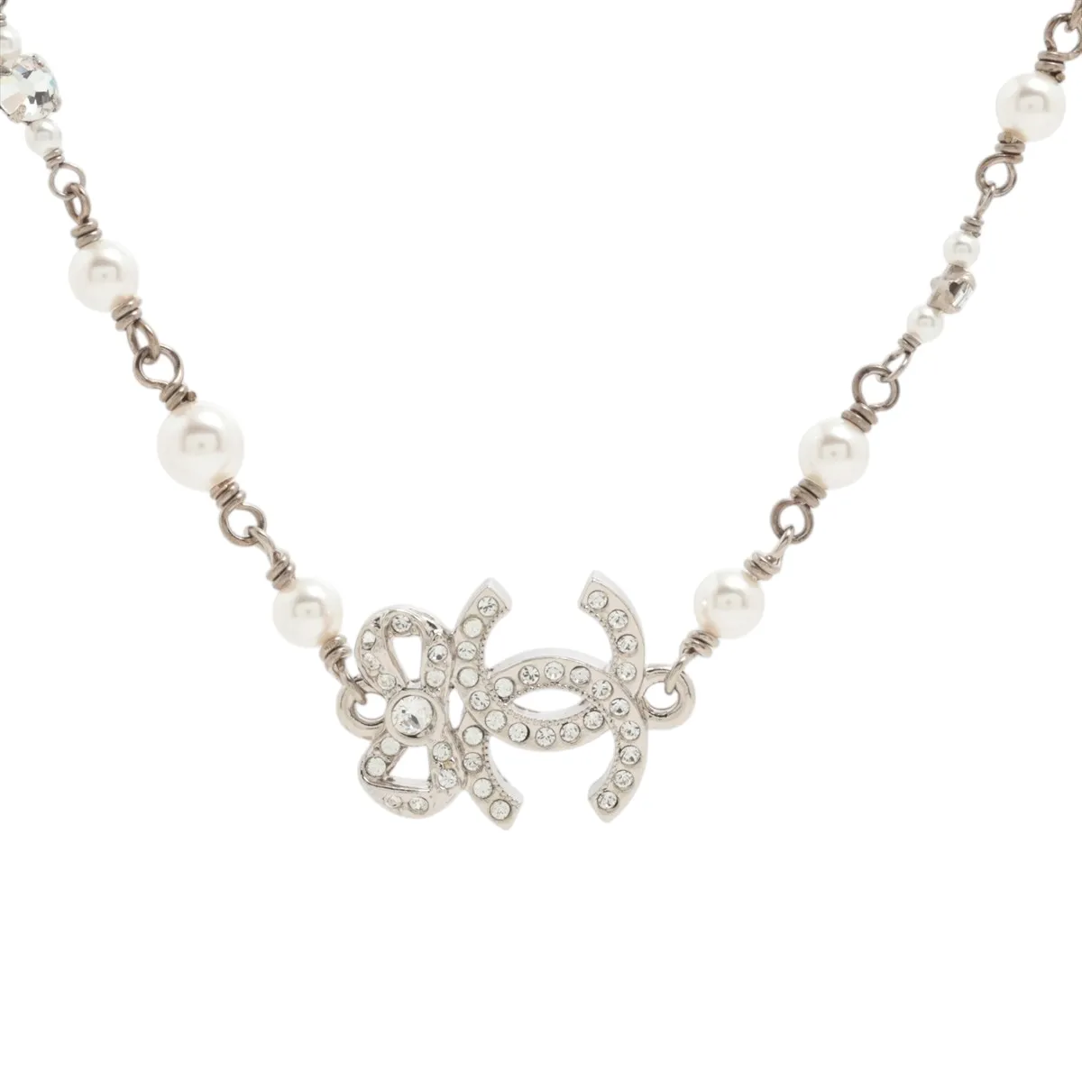 A24V Necklace, Metal x Rhinestone x Faux Pearl, Silver,