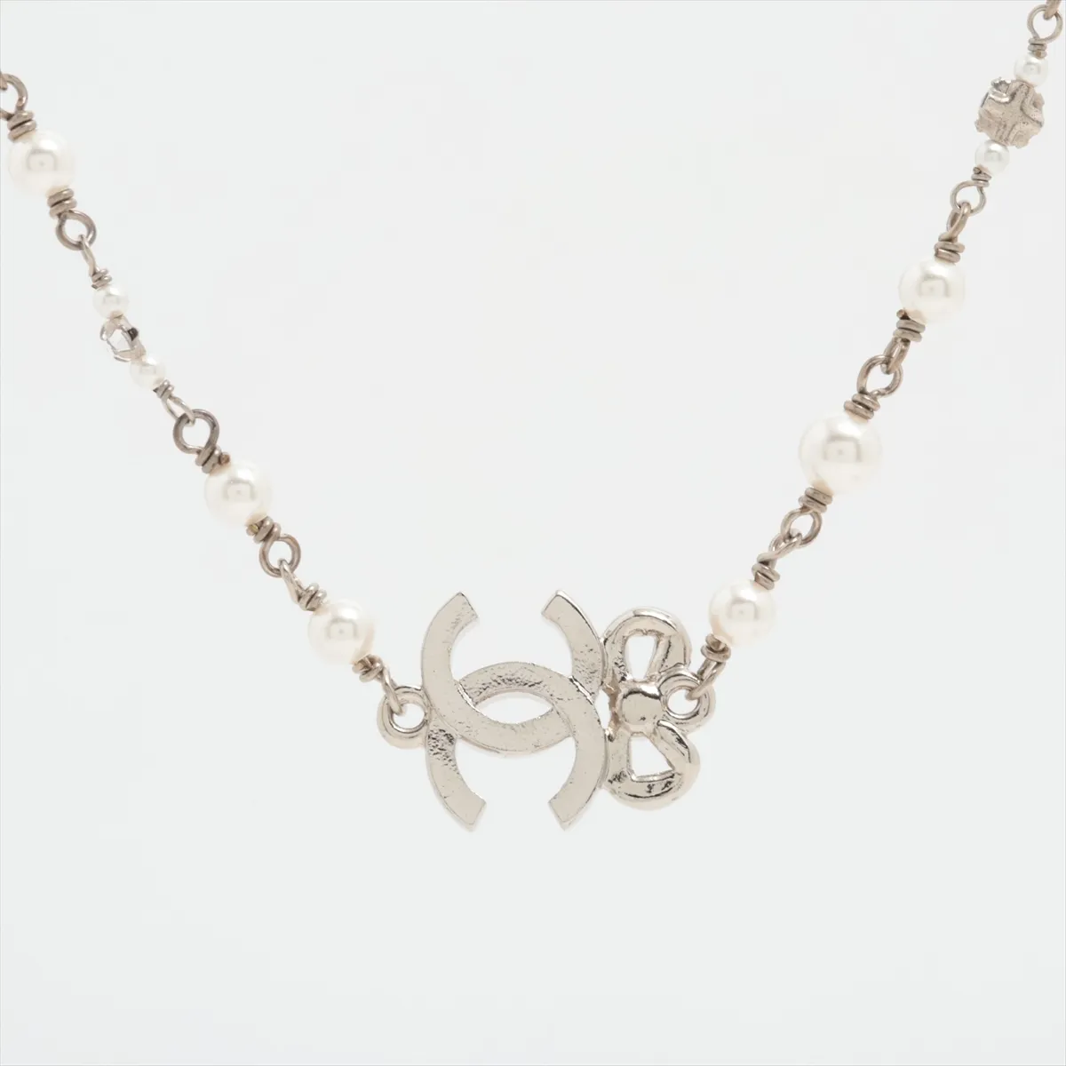 A24V Necklace, Metal x Rhinestone x Faux Pearl, Silver, — view 2