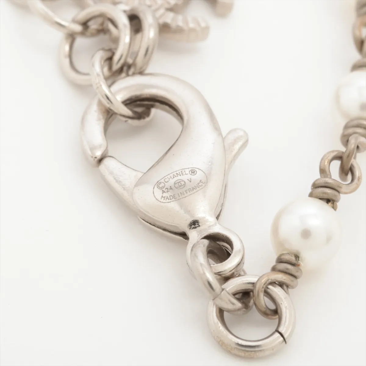 A24V Necklace, Metal x Rhinestone x Faux Pearl, Silver, — view 4